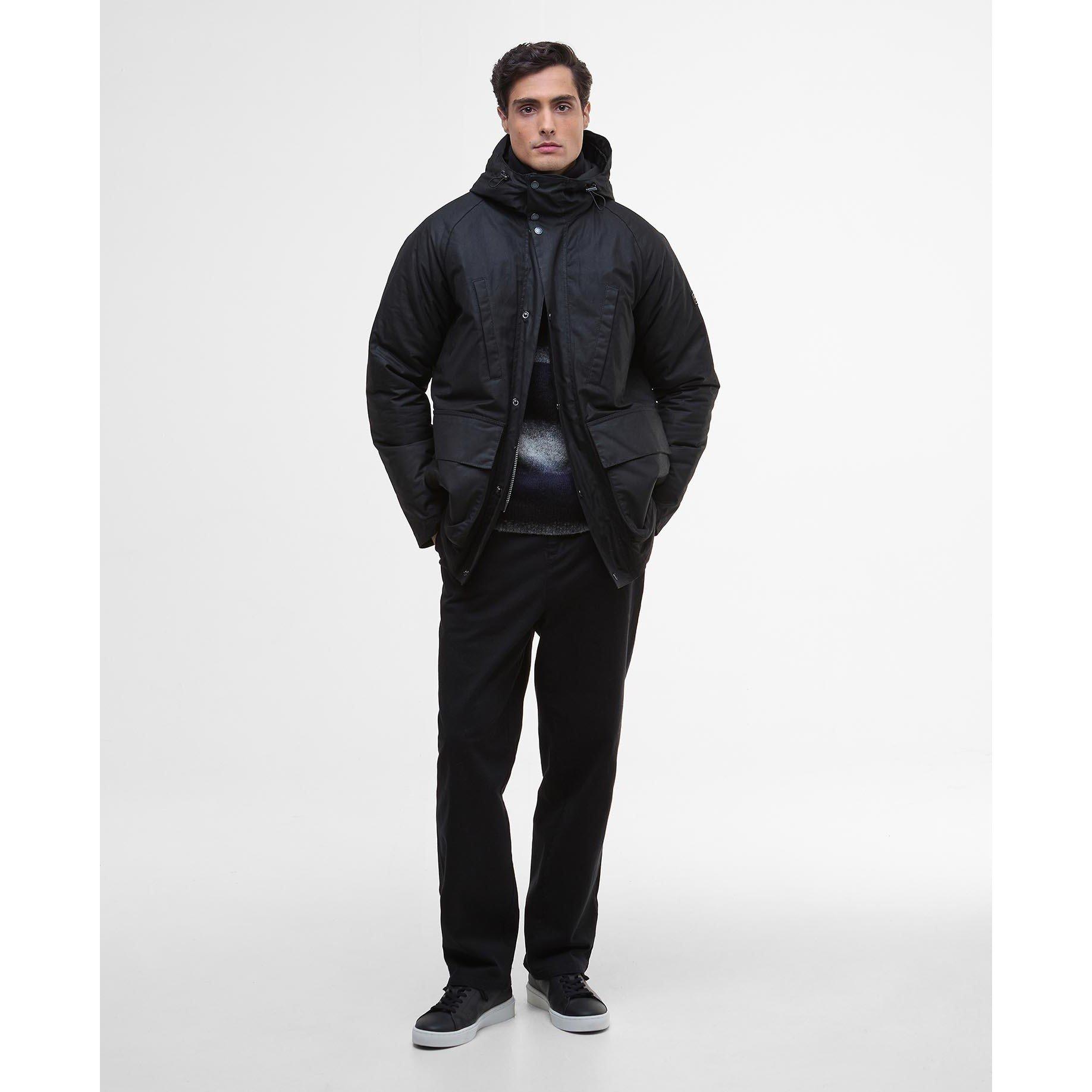 Black BK71 - Barbour International - Men's Oakdale Hooded Long Sleeve 4 Pockets Full Zip Wax Jacket - 7