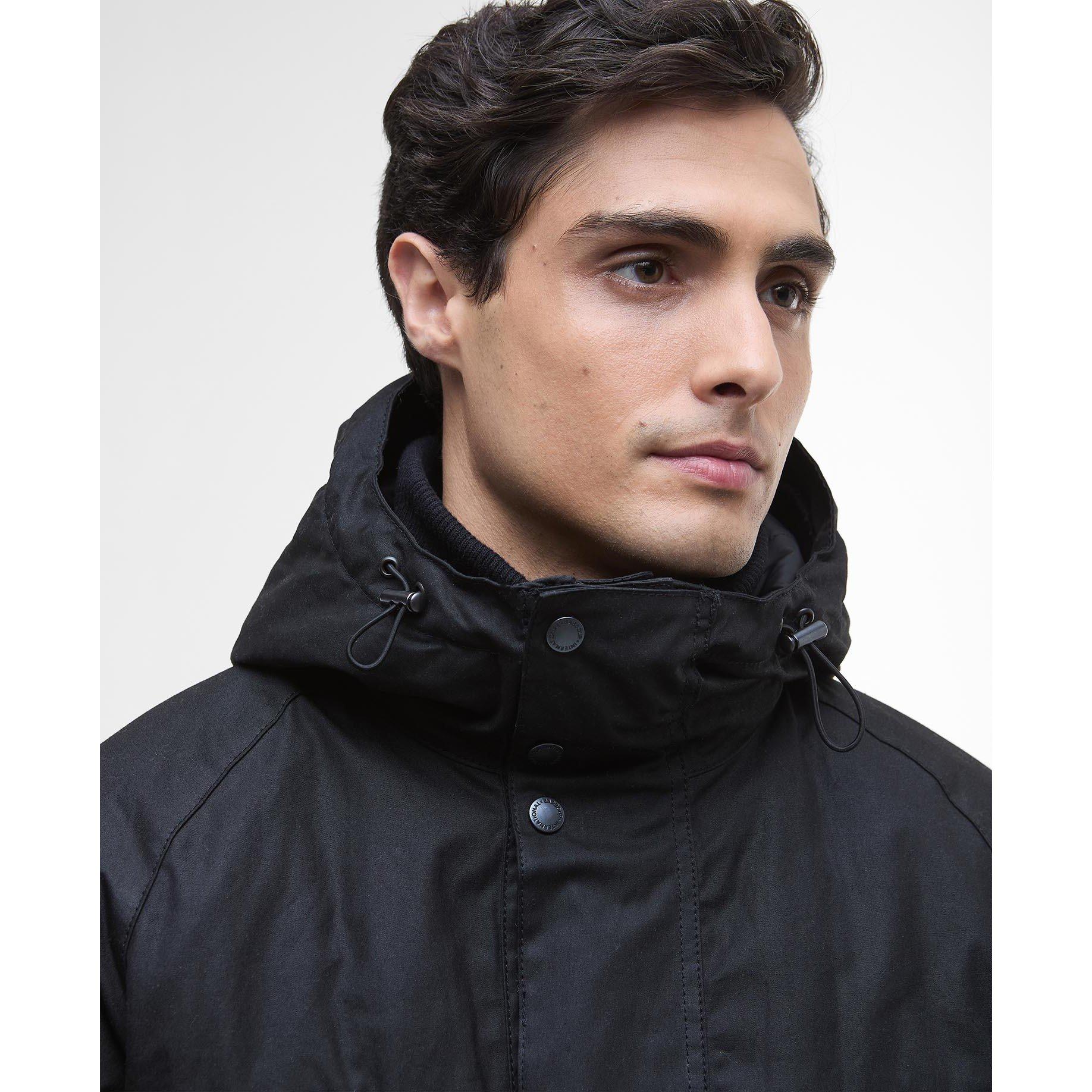 Black BK71 - Barbour International - Men's Oakdale Hooded Long Sleeve 4 Pockets Full Zip Wax Jacket - 4