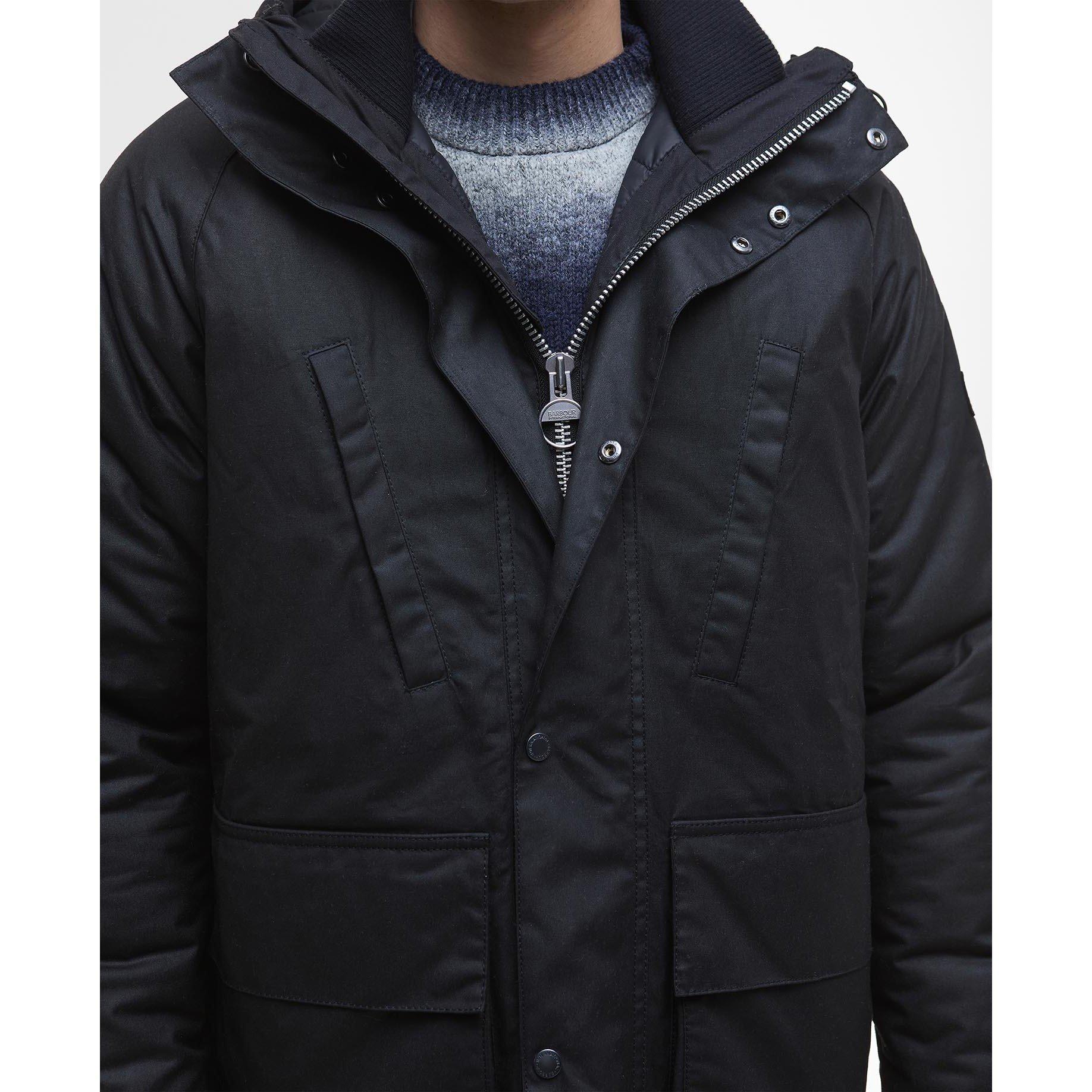 Black BK71 - Barbour International - Men's Oakdale Hooded Long Sleeve 4 Pockets Full Zip Wax Jacket - 6