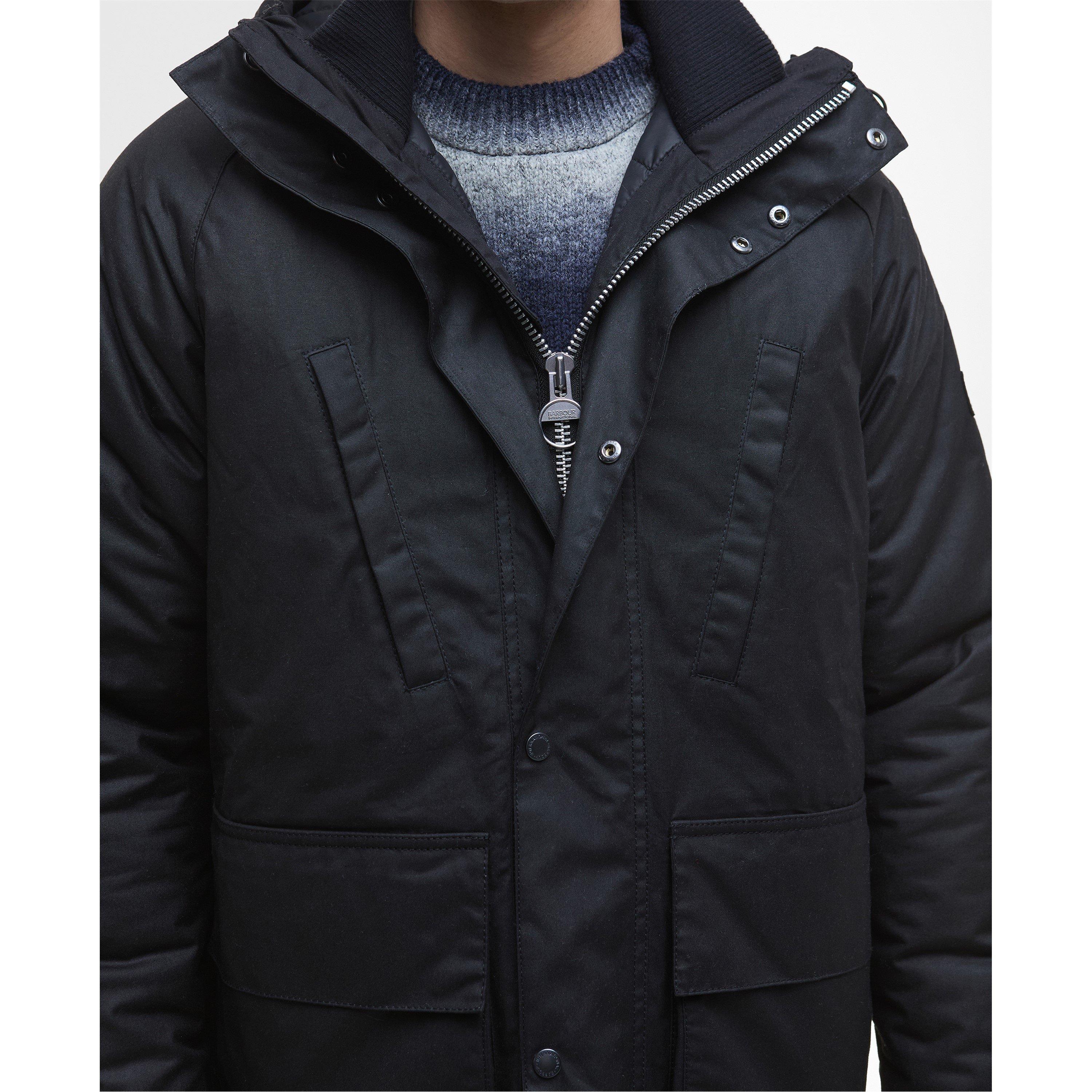 Black BK71 - Barbour International - Men's Oakdale Hooded Long Sleeve 4 Pockets Full Zip Wax Jacket - 8