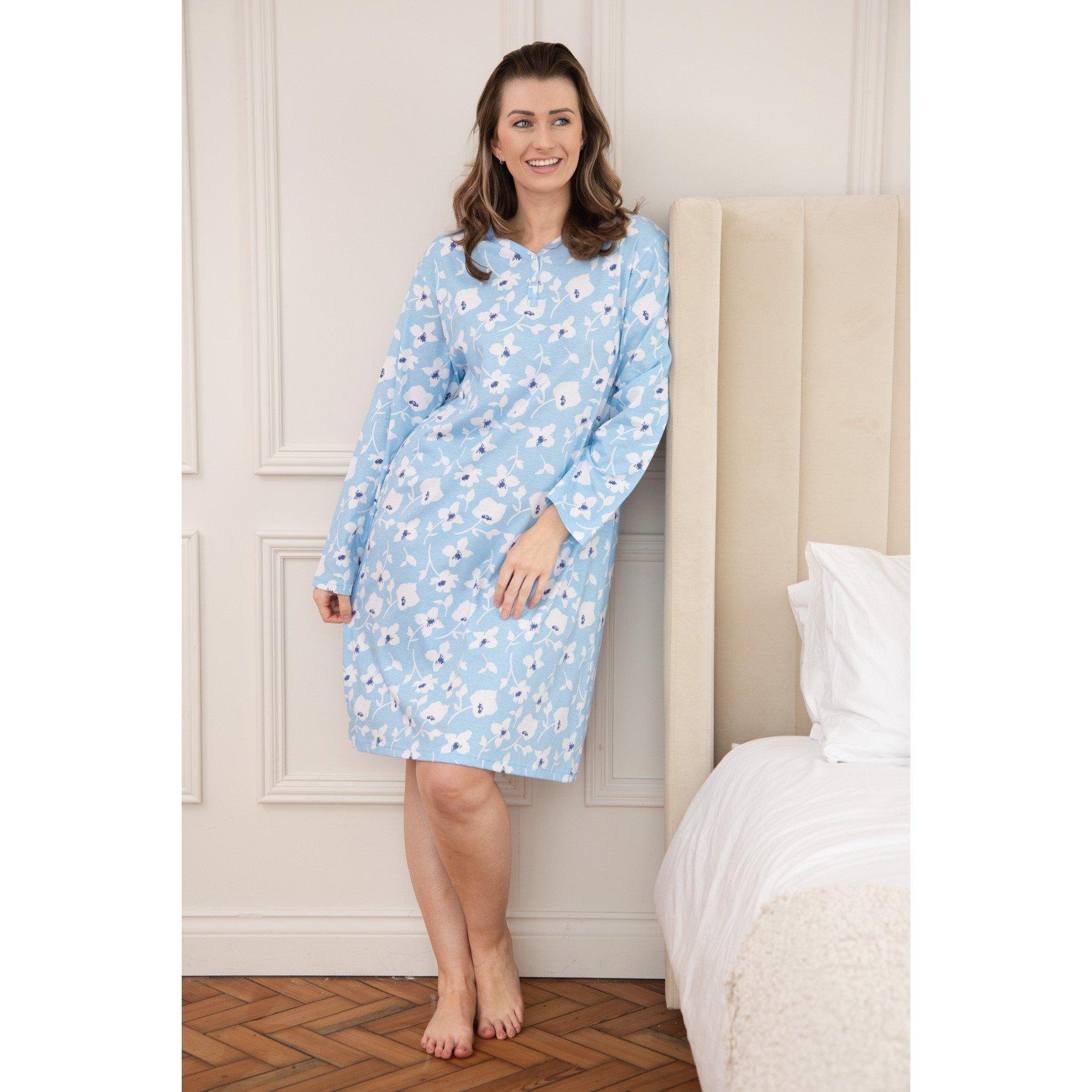 Camille Women's Organic Cotton Long Sleeve Nightdress - Lt Blue Floral - 10-12