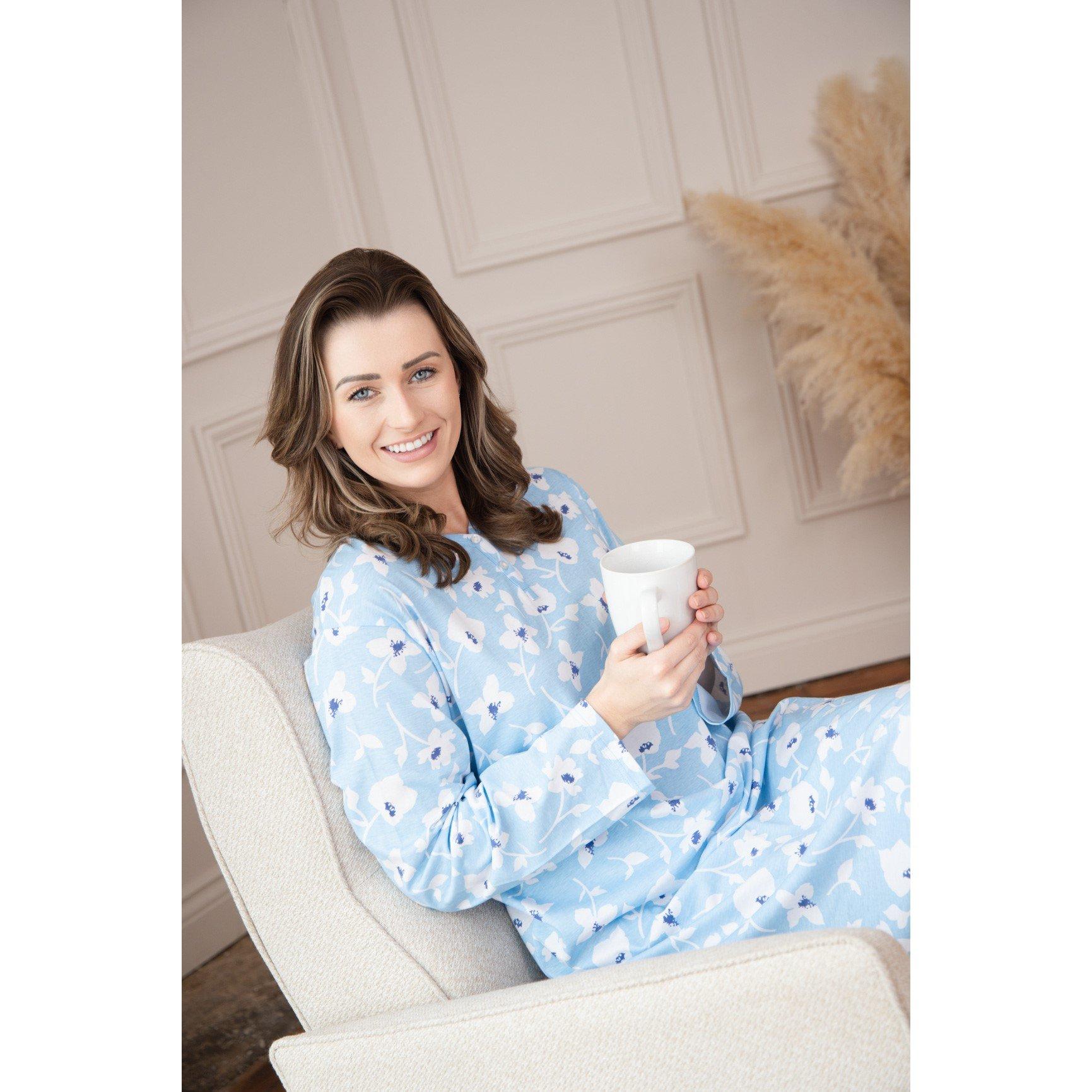 Lt Blue Floral - Camille - Womens 100% Organic Cotton Long Sleeve Nightdress - 3