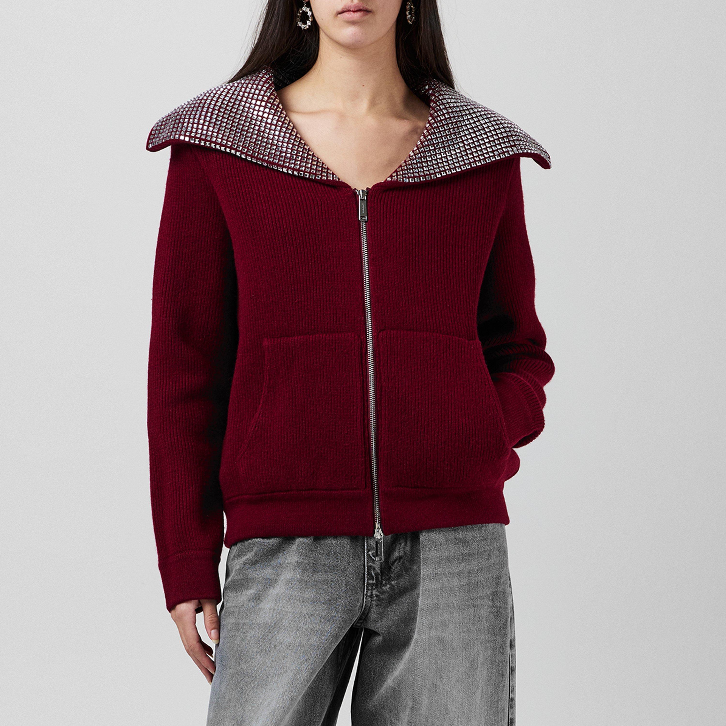 Burgundy - Self Portrait - Women's Diamante Knitted Crew Neck Jumper - 1