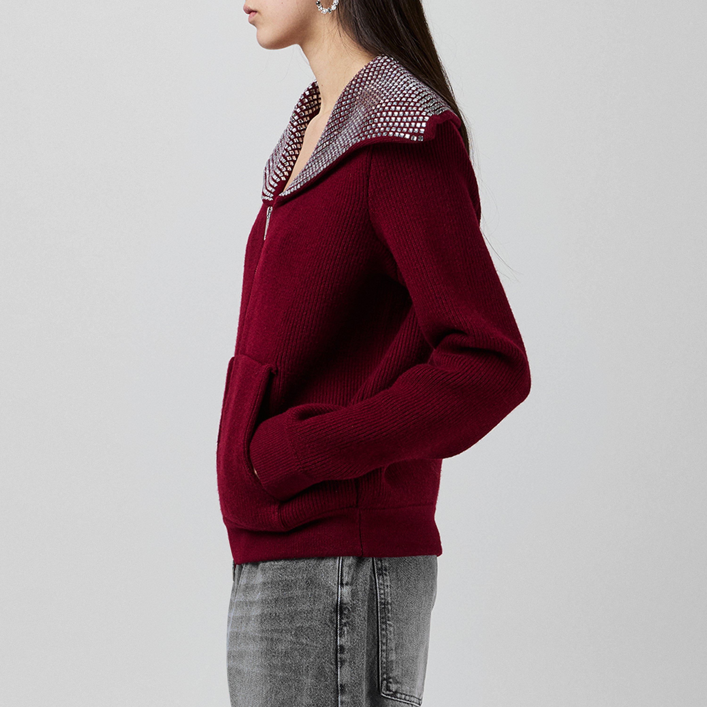 Burgundy - Self Portrait - Women's Diamante Knitted Crew Neck Jumper - 2