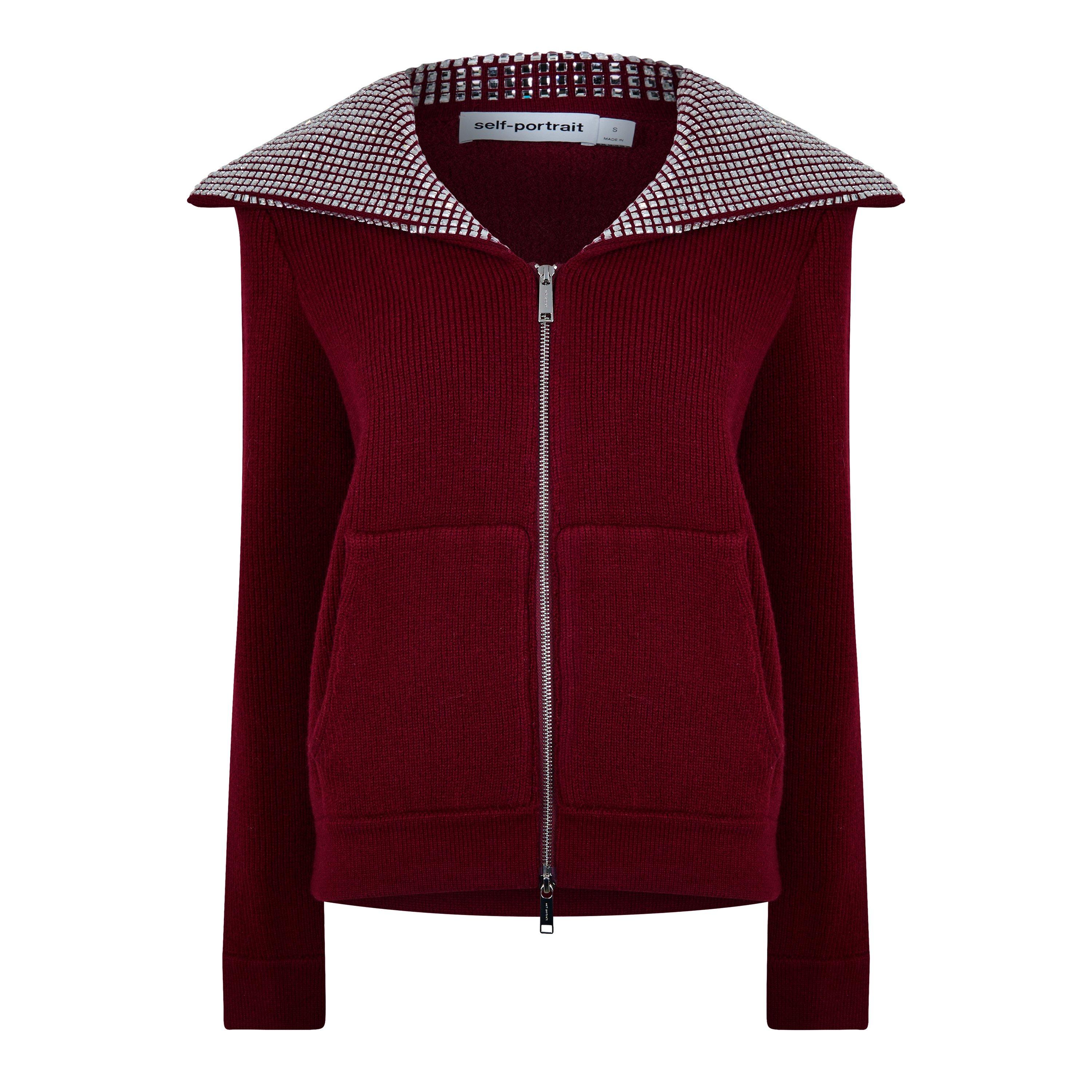 Burgundy - Self Portrait - Women's Diamante Knitted Crew Neck Jumper - 5