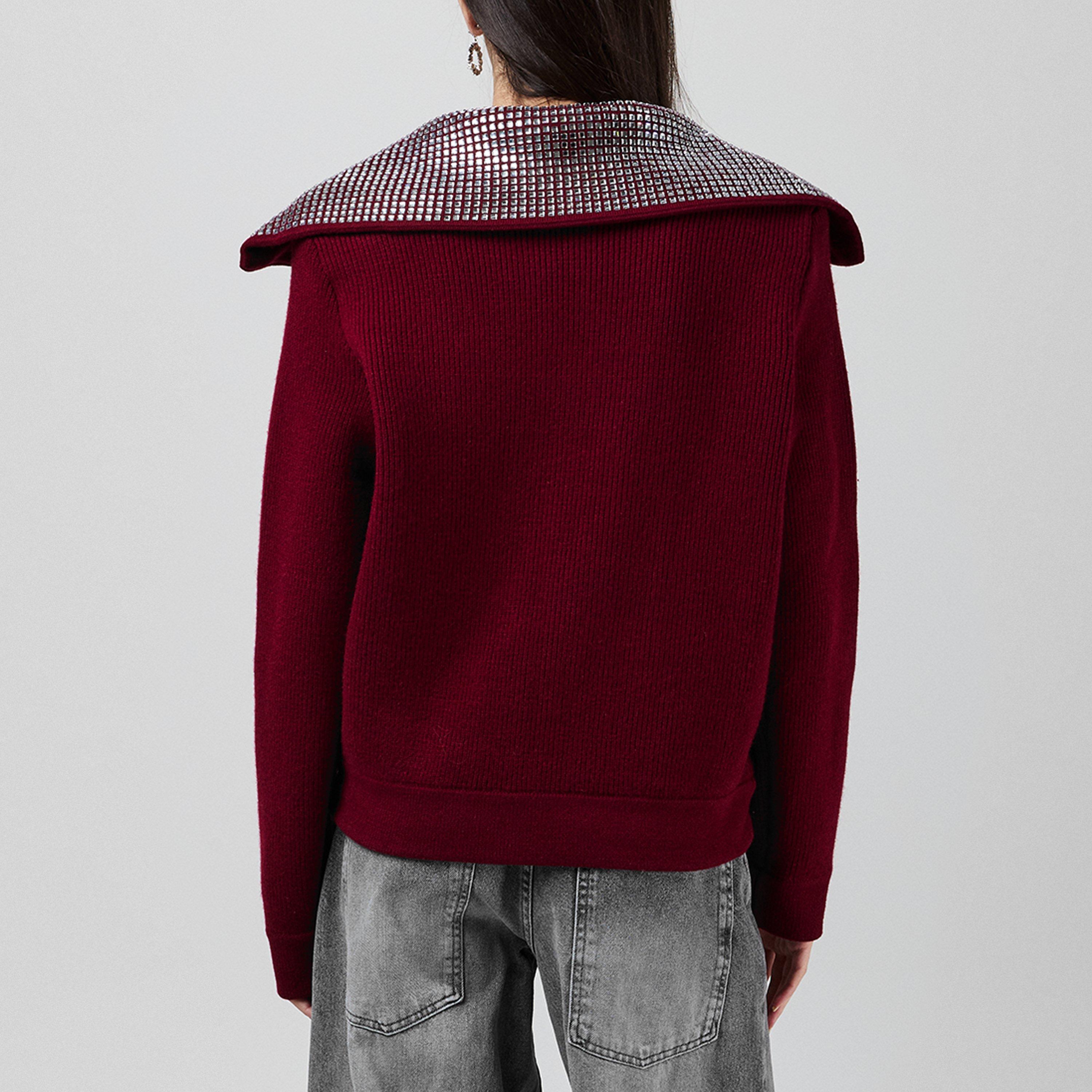 Burgundy - Self Portrait - Women's Diamante Knitted Crew Neck Jumper - 3