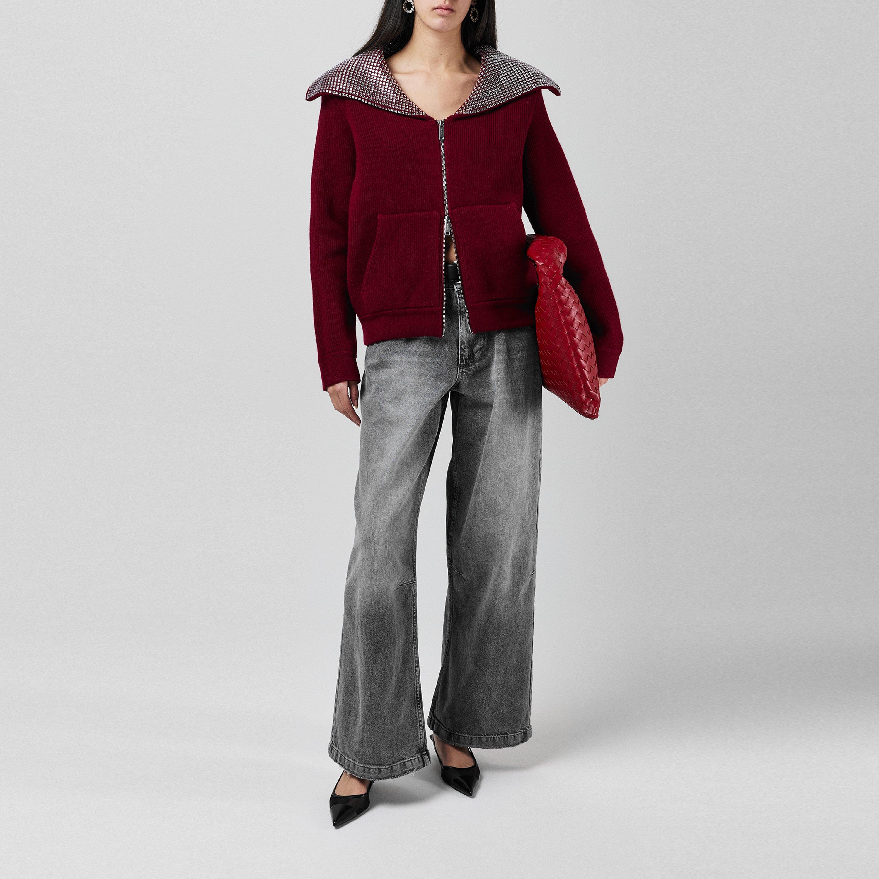 Burgundy - Self Portrait - Women's Diamante Knitted Crew Neck Jumper - 4