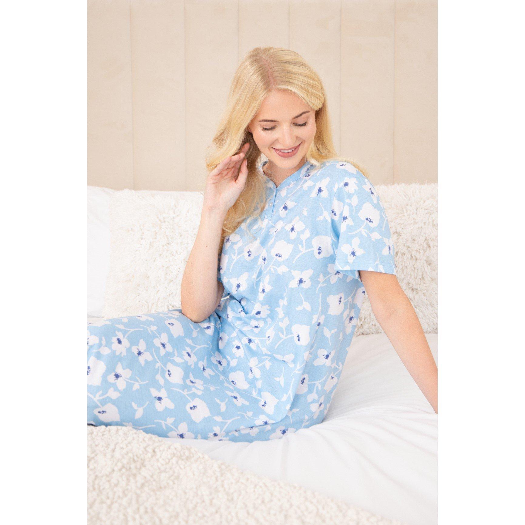 Blue White Fl - Camille - Womens Organic Cotton Short Sleeve Nightdress - 2