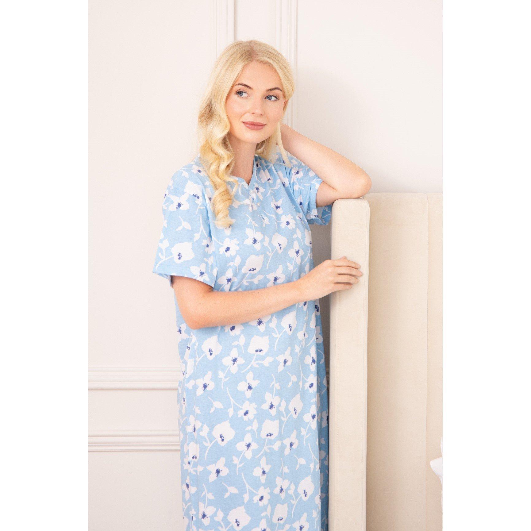 Blue White Fl - Camille - Womens Organic Cotton Short Sleeve Nightdress - 4