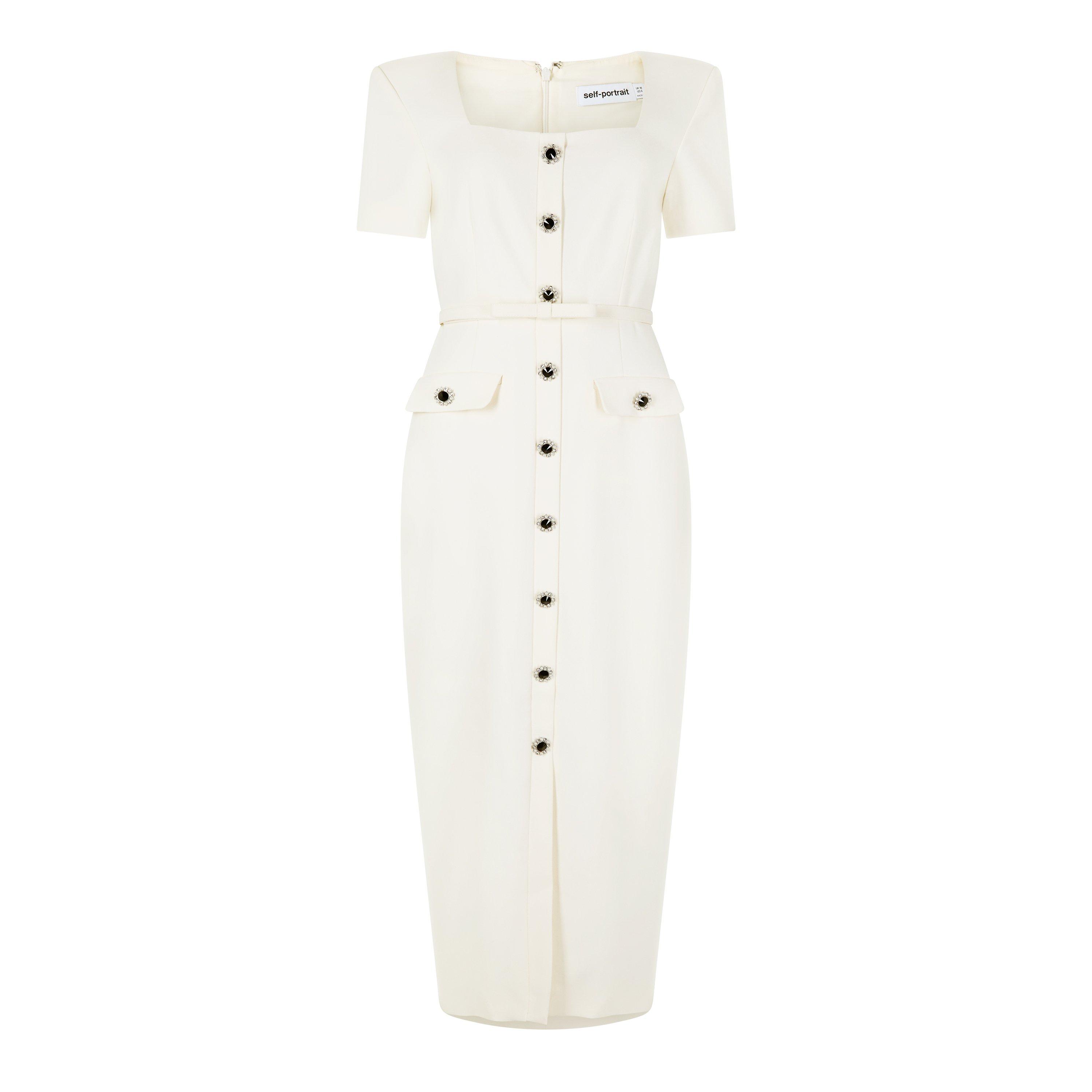 Cream - Self Portrait - Cream Crepe Button Midi Dress - 5