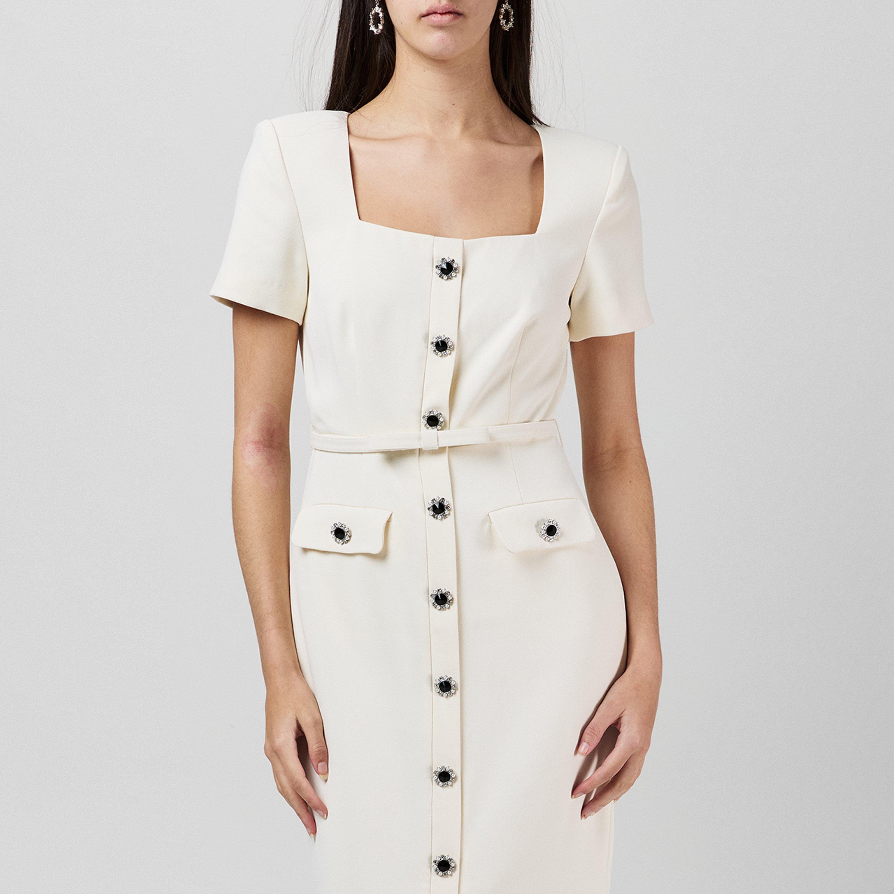 Cream - Self Portrait - Cream Crepe Button Midi Dress - 4