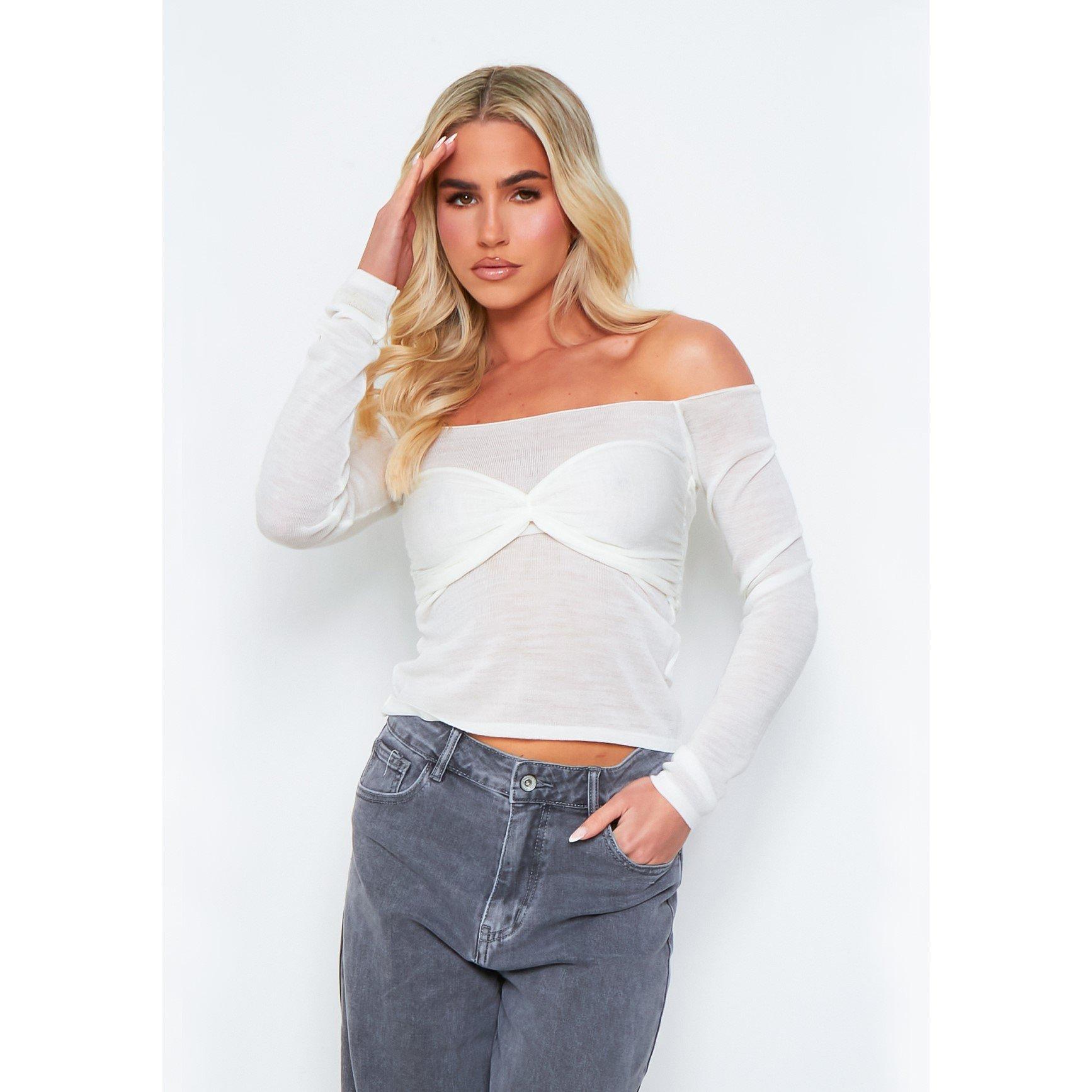 Cream - Missy Empire - Relaxed Knit Overlay Bralet Jumper - 1