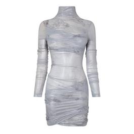 Off White Sky Shiny Tulle Twist Long Sleeve Dress