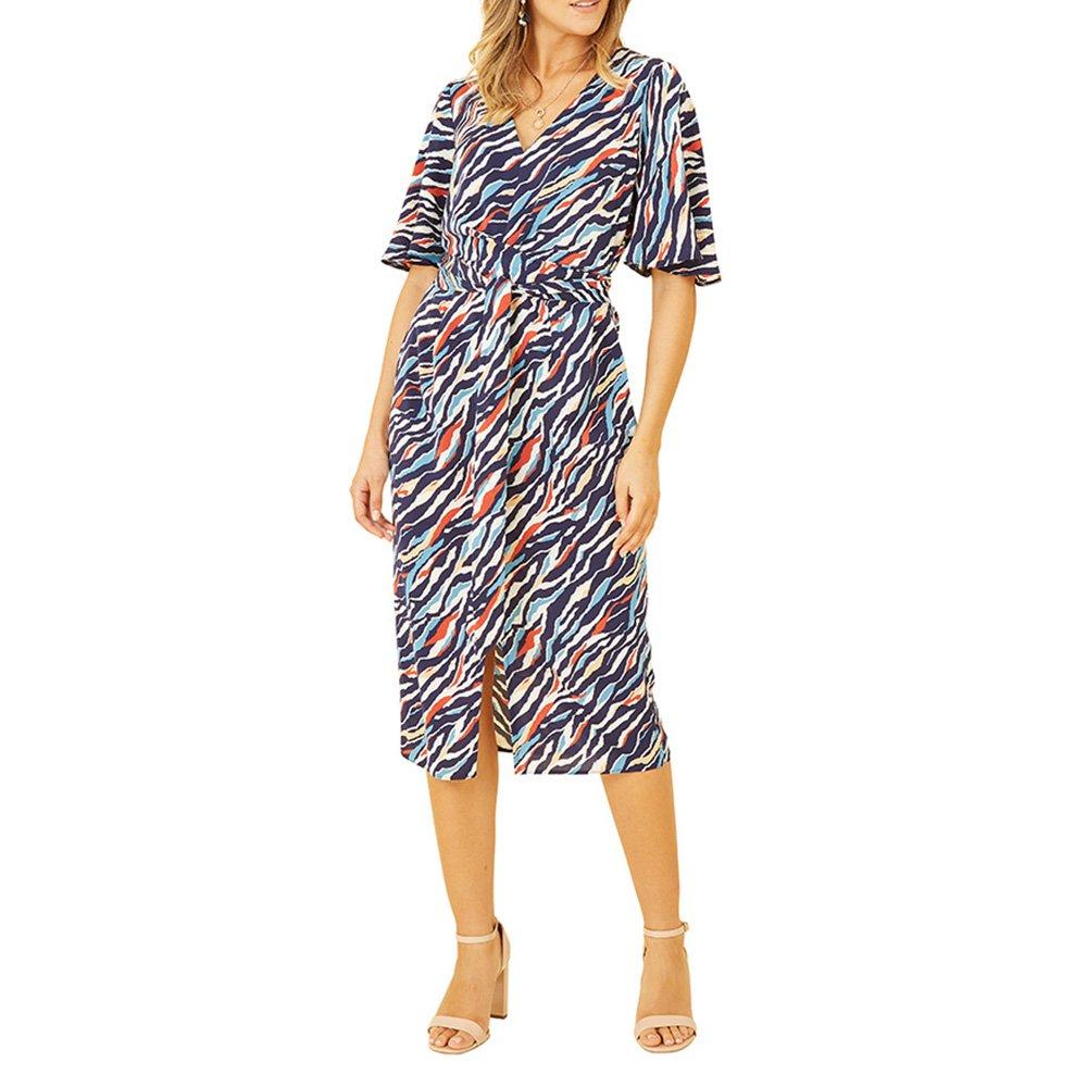 Navy - Yumi - Women's Navy Zebra Stripe Midi Wrap Dress - 2