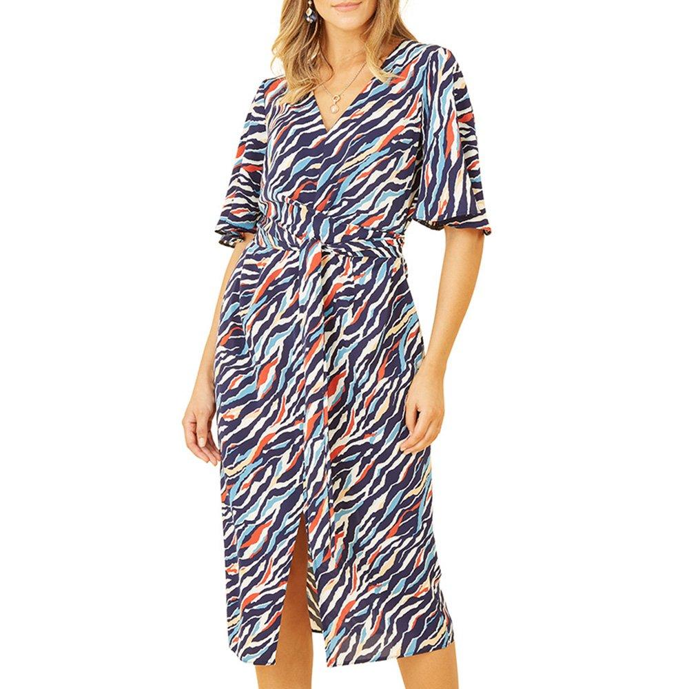 Navy - Yumi - Women's Navy Zebra Stripe Midi Wrap Dress - 3