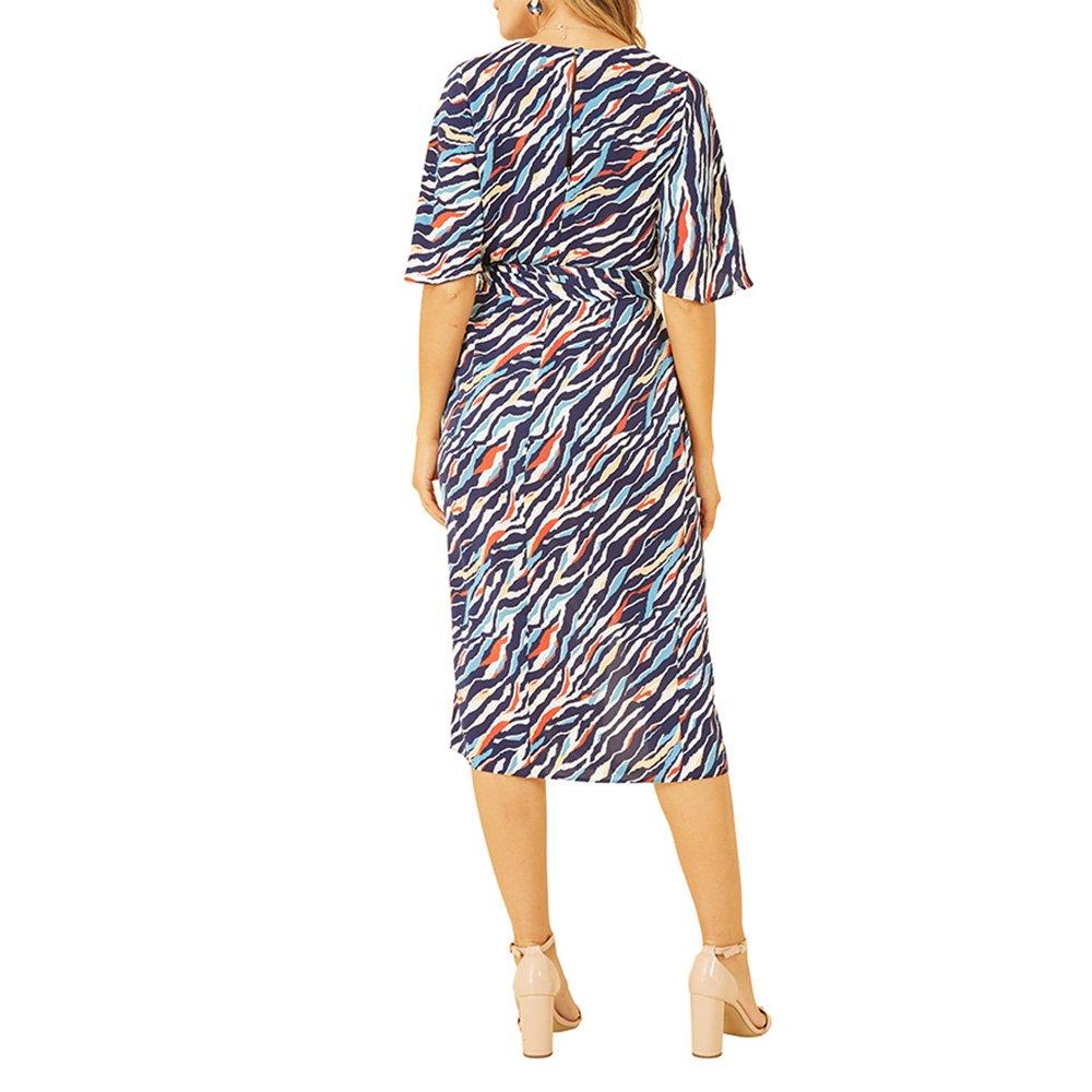 Navy - Yumi - Women's Navy Zebra Stripe Midi Wrap Dress - 4