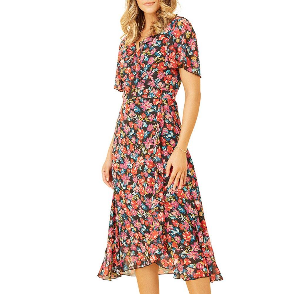 Black - Yumi - Women's Black Floral Midi Wrap Dress - 3