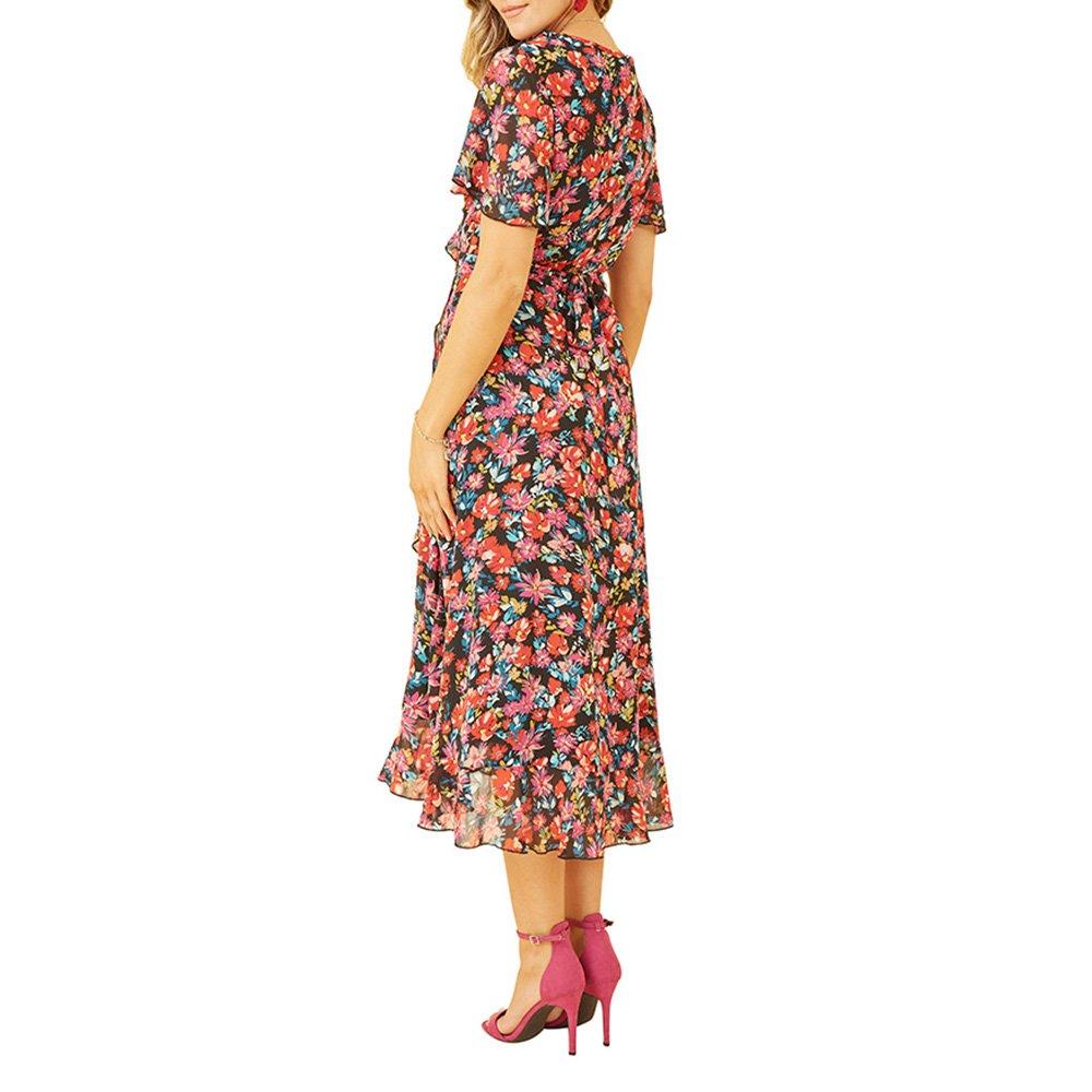 Yumi | Yumi Black Floral Wrap Midi Dress | Wrap Dresses | Sports Direct