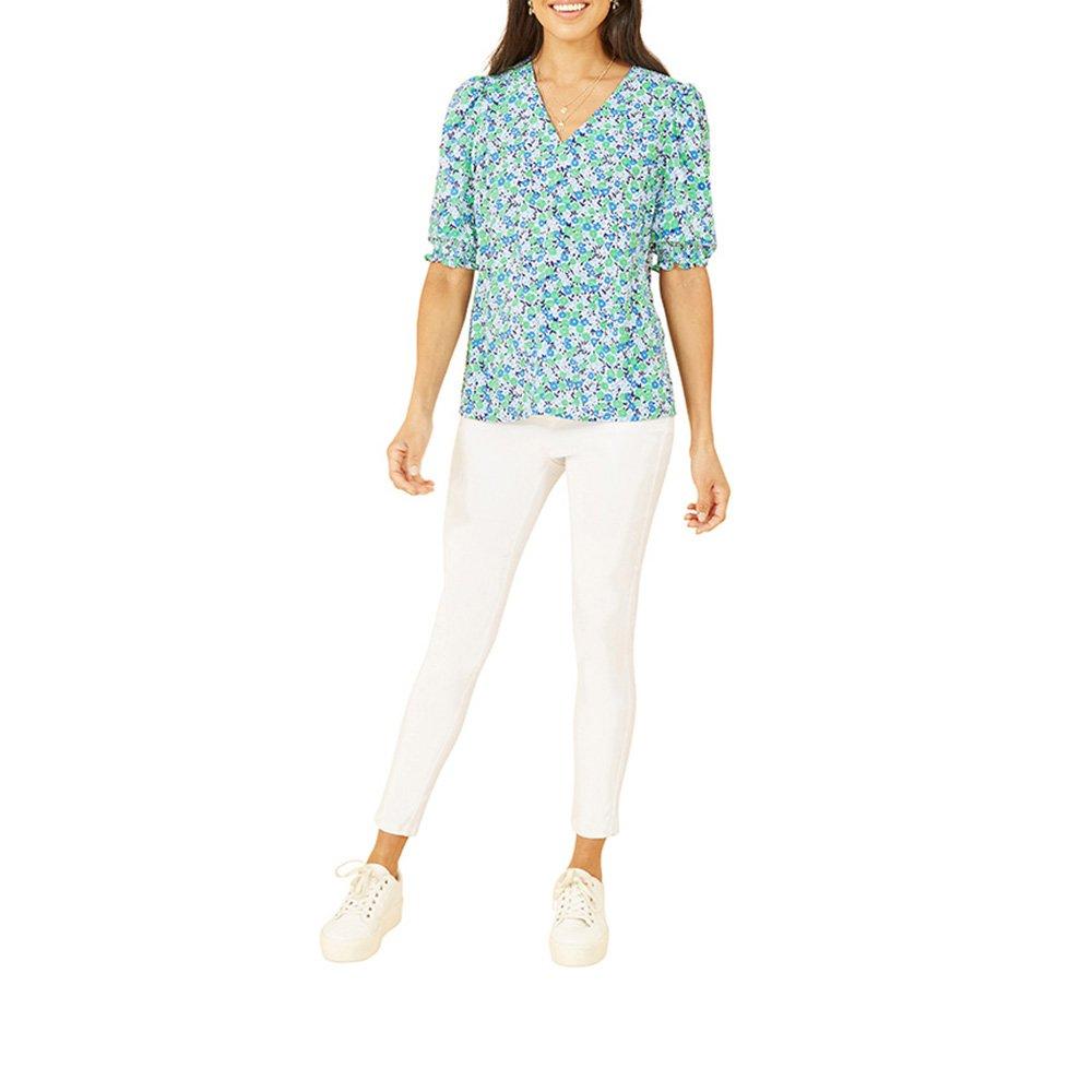 Green - Yumi - Women's Green Ditsy Print Puff Sleeve Top - 2