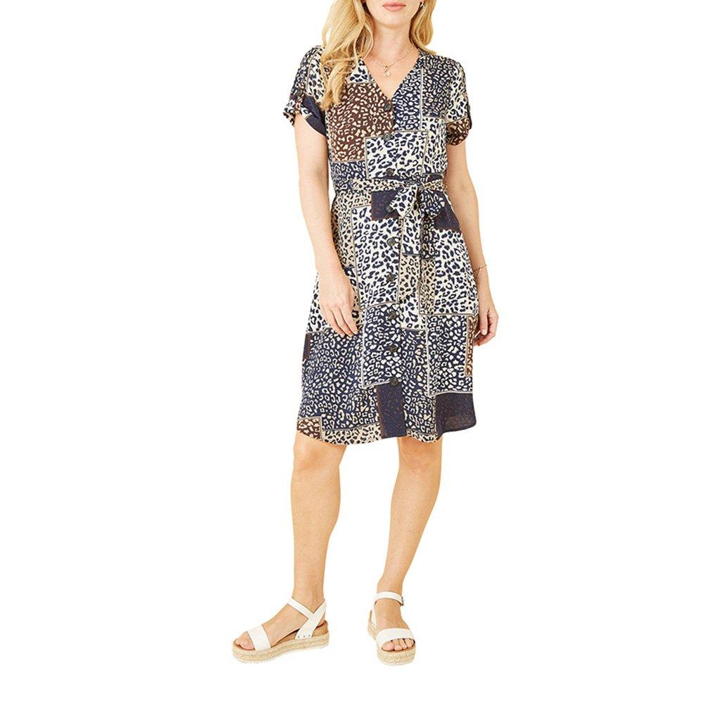 Navy - Yumi - Women's Navy Patchwork Animal Print Shirt Dress - 2