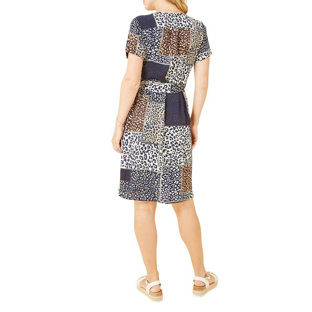 Navy - Yumi - Women's Navy Patchwork Animal Print Shirt Dress - 4