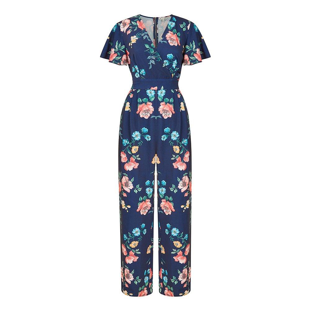 Yumi Women's Navy Floral Angel Sleeve Jumpsuit Blue Size 10 (S) - Image 3
