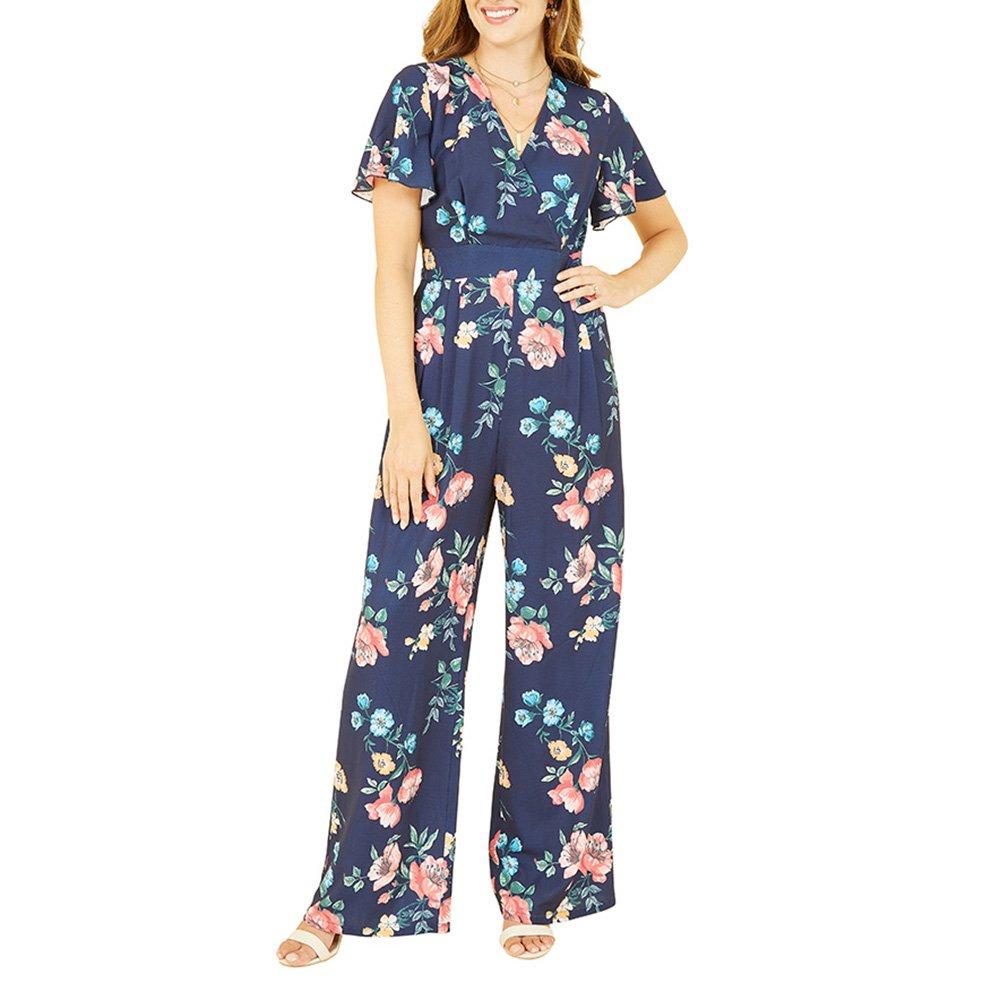 Navy - Yumi - Women's Navy Floral Angel Sleeve Jumpsuit - 2