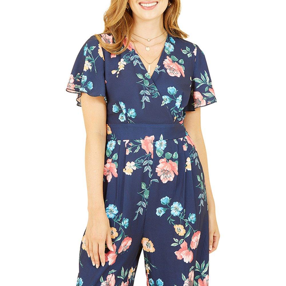 Navy - Yumi - Women's Navy Floral Angel Sleeve Jumpsuit - 3
