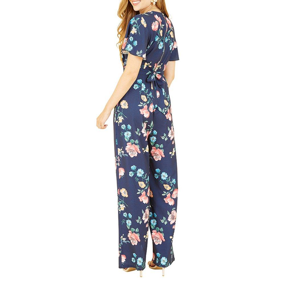Navy - Yumi - Women's Navy Floral Angel Sleeve Jumpsuit - 4