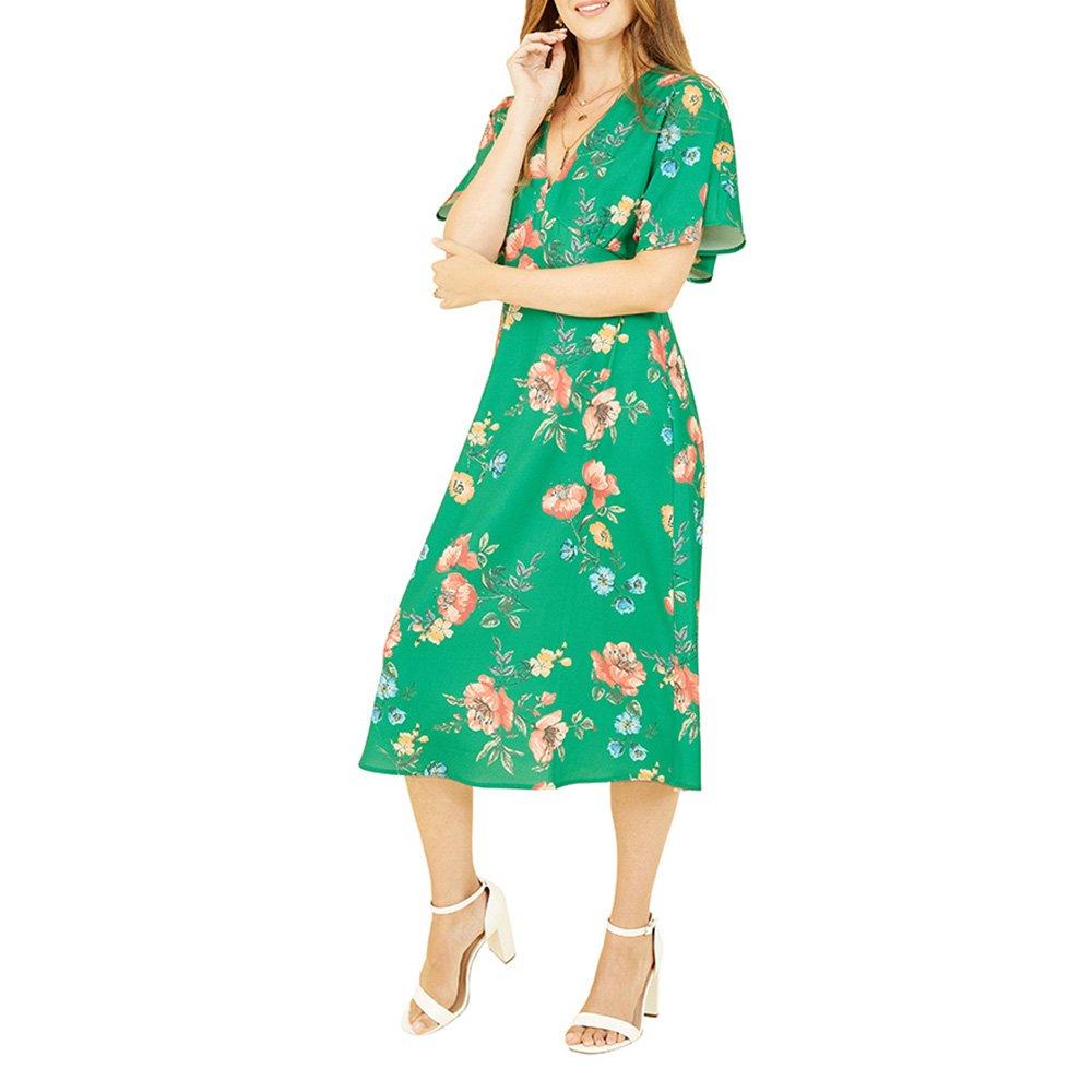 Green - Yumi - Women's Navy Floral Kimono Midi Wrap Dress - 2