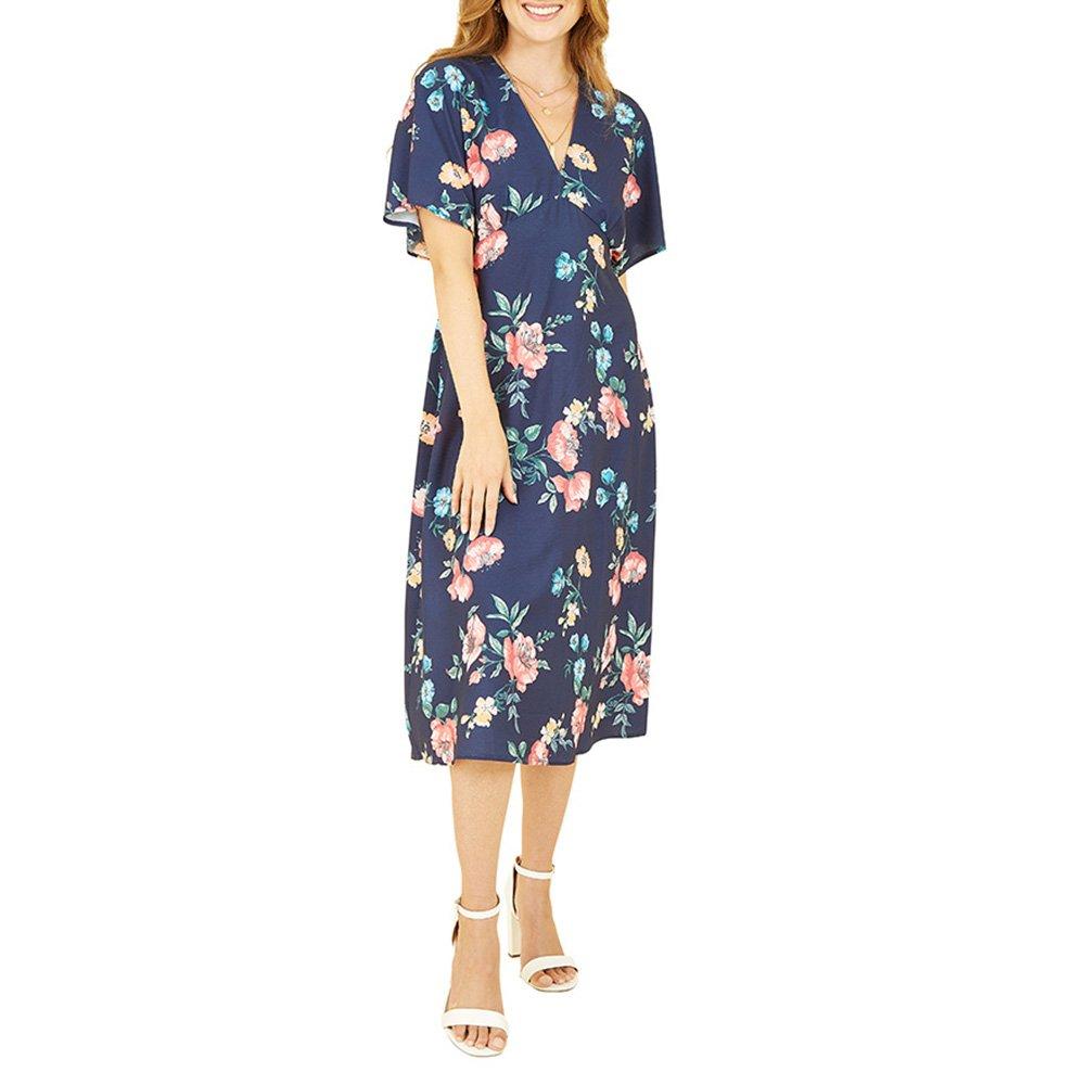 Navy - Yumi - Women's Navy Floral Kimono Midi Wrap Dress - 2