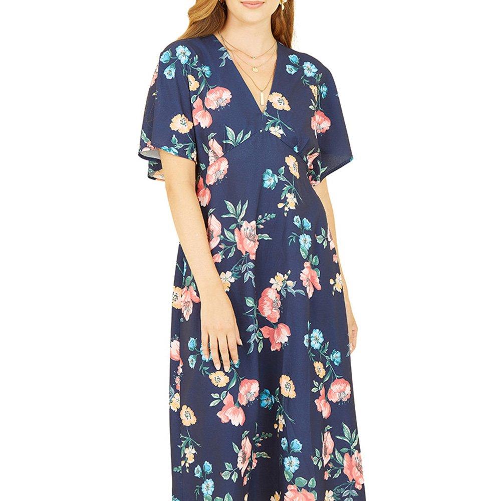 Navy - Yumi - Women's Navy Floral Kimono Midi Wrap Dress - 3