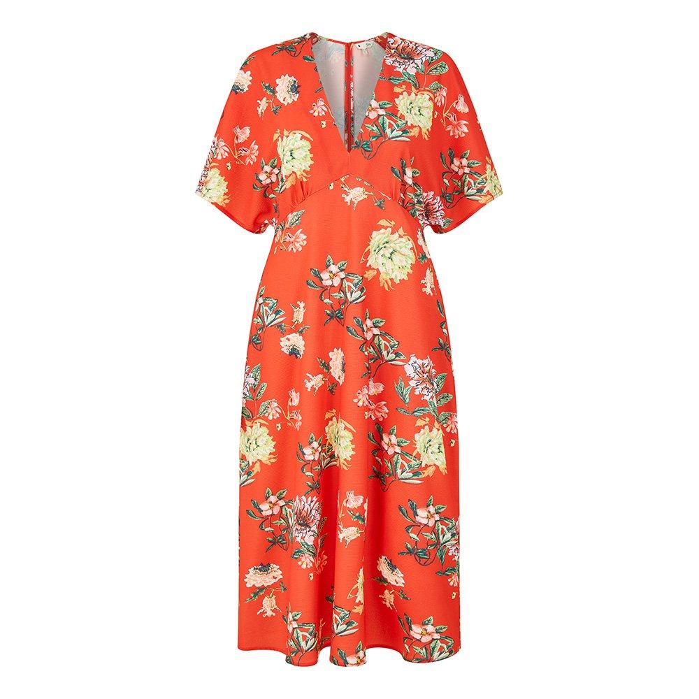 Red - Yumi - Women's Red Floral Kimono Midi Wrap Dress - 1