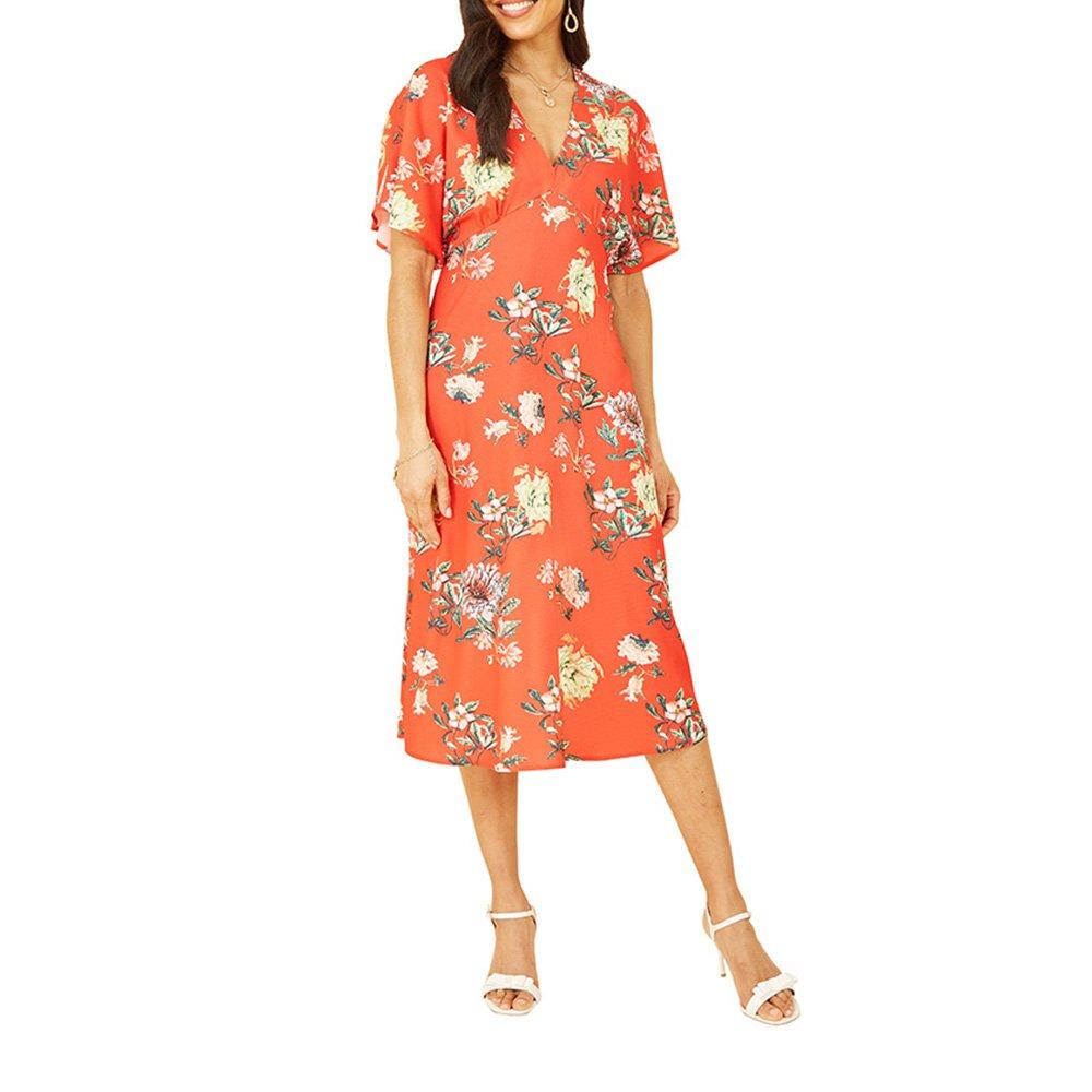 Red - Yumi - Women's Red Floral Kimono Midi Wrap Dress - 2