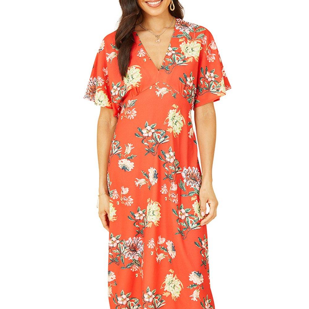 Red - Yumi - Women's Red Floral Kimono Midi Wrap Dress - 3