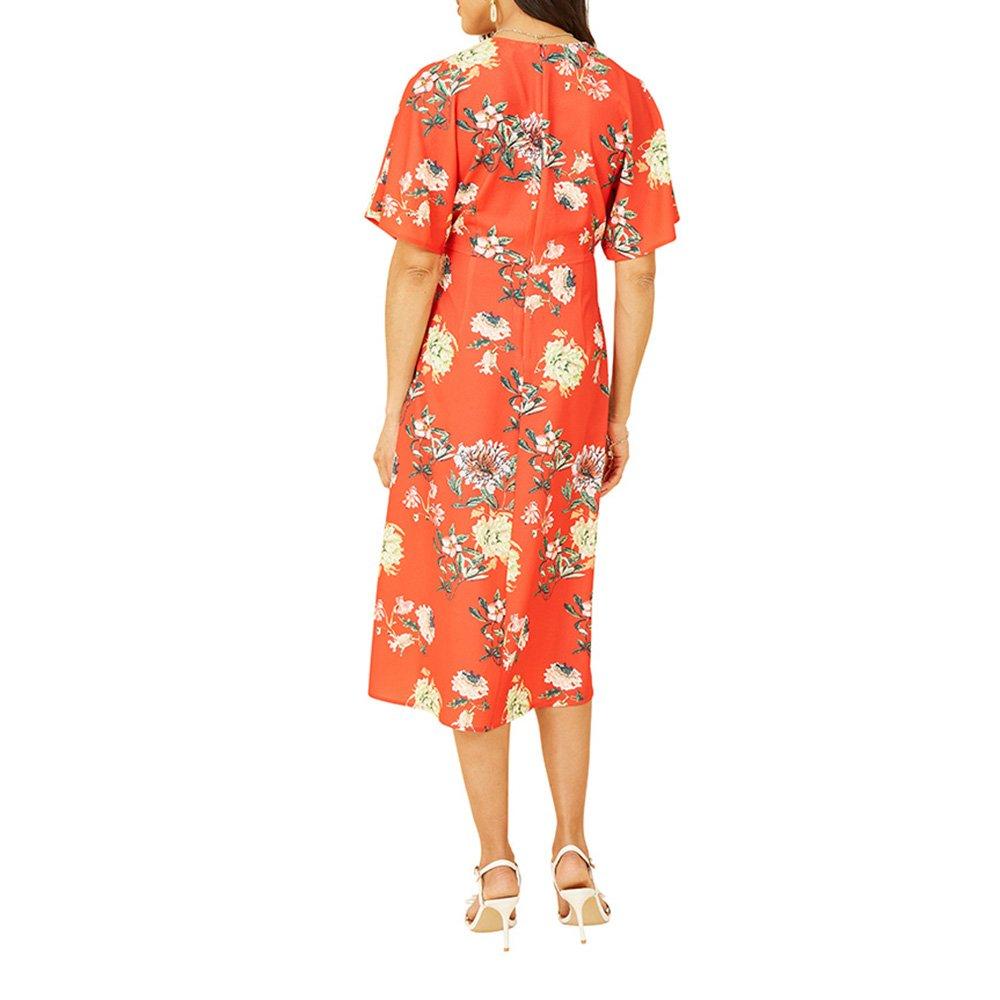 Red - Yumi - Women's Red Floral Kimono Midi Wrap Dress - 4