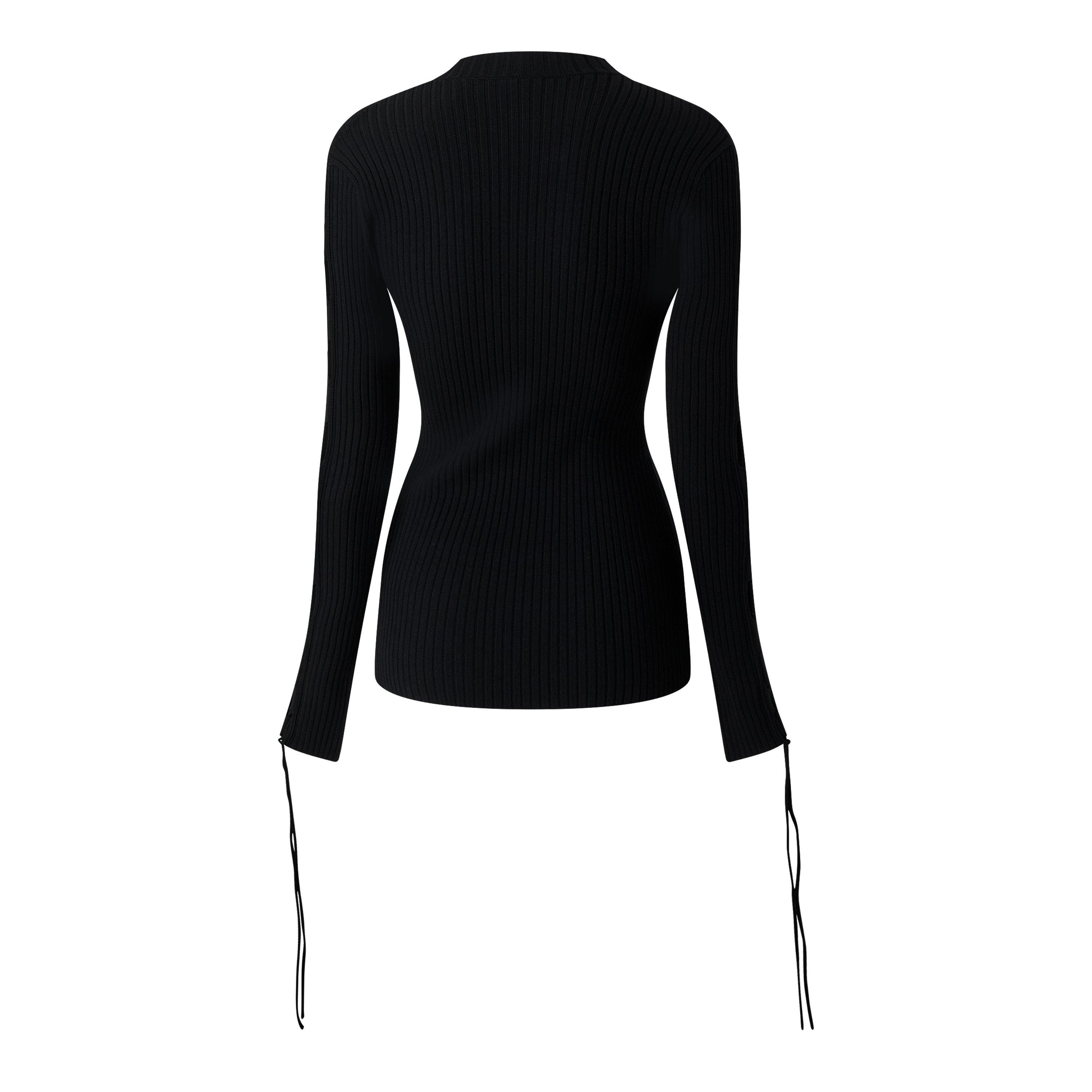 Black - Off White - Women's Lace-Up Sleeve Knitted Jumper, Lace-Up Design - 2