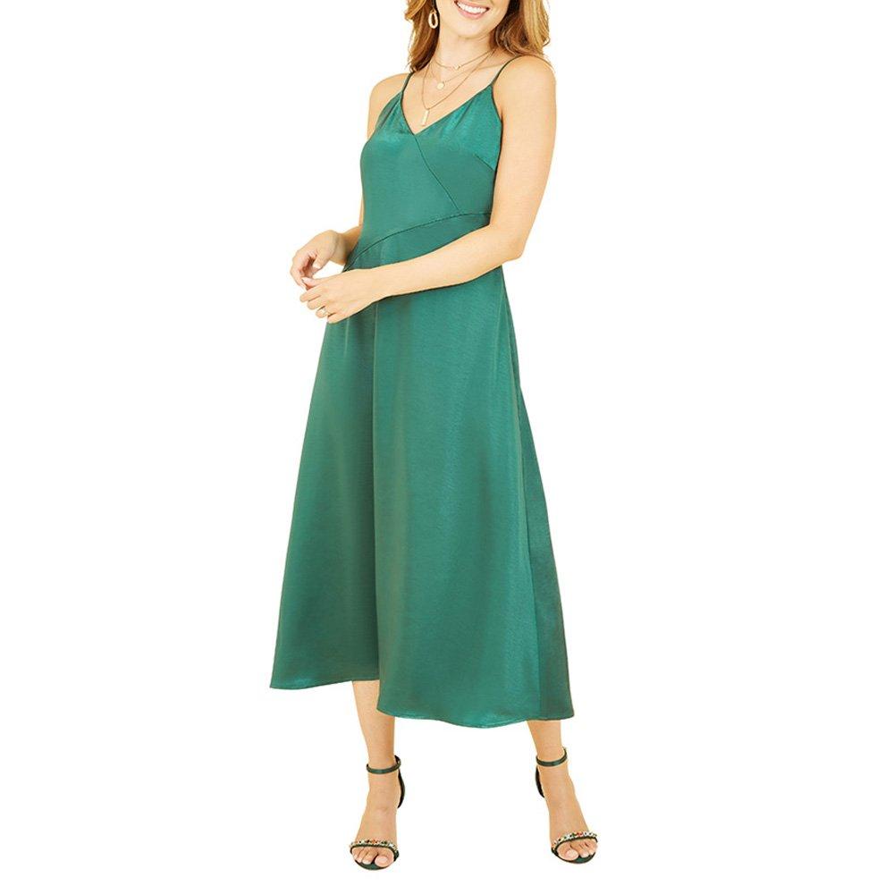 Green - Yumi - Women's Green Satin Strappy Midi Wrap Dress - 2
