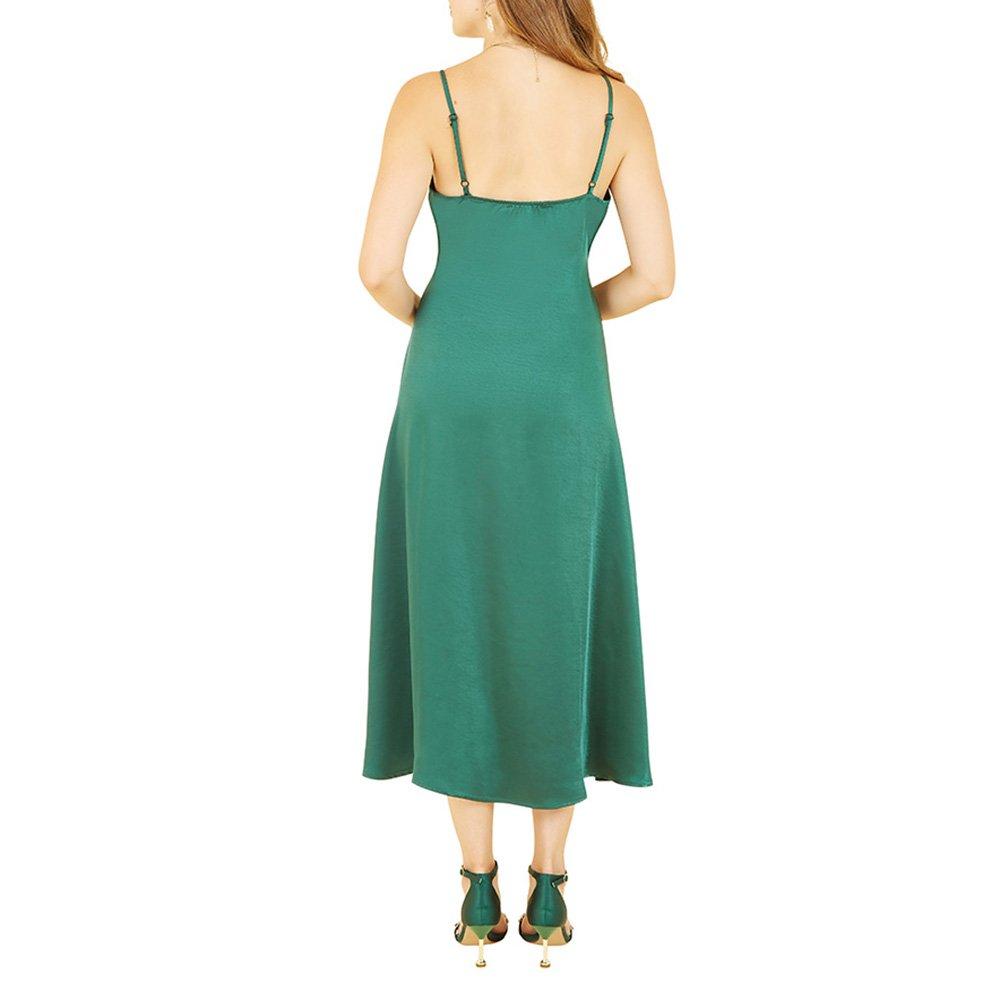 Green - Yumi - Women's Green Satin Strappy Midi Wrap Dress - 4