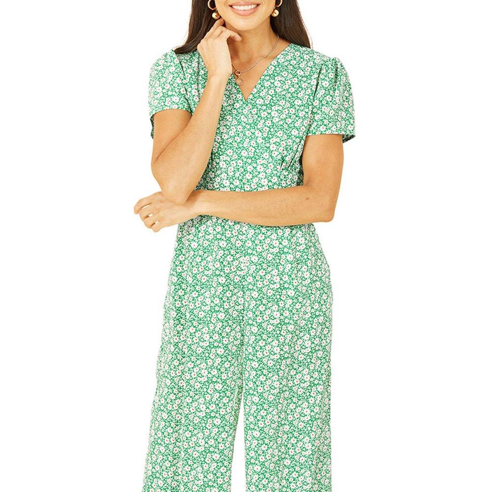 Green - Yumi - Women's Green Ditsy Floral Wrap Jumpsuit - 3