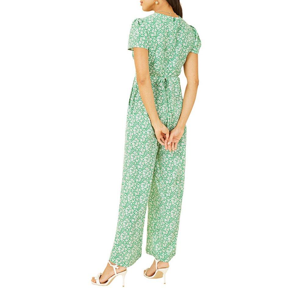Green - Yumi - Women's Green Ditsy Floral Wrap Jumpsuit - 4