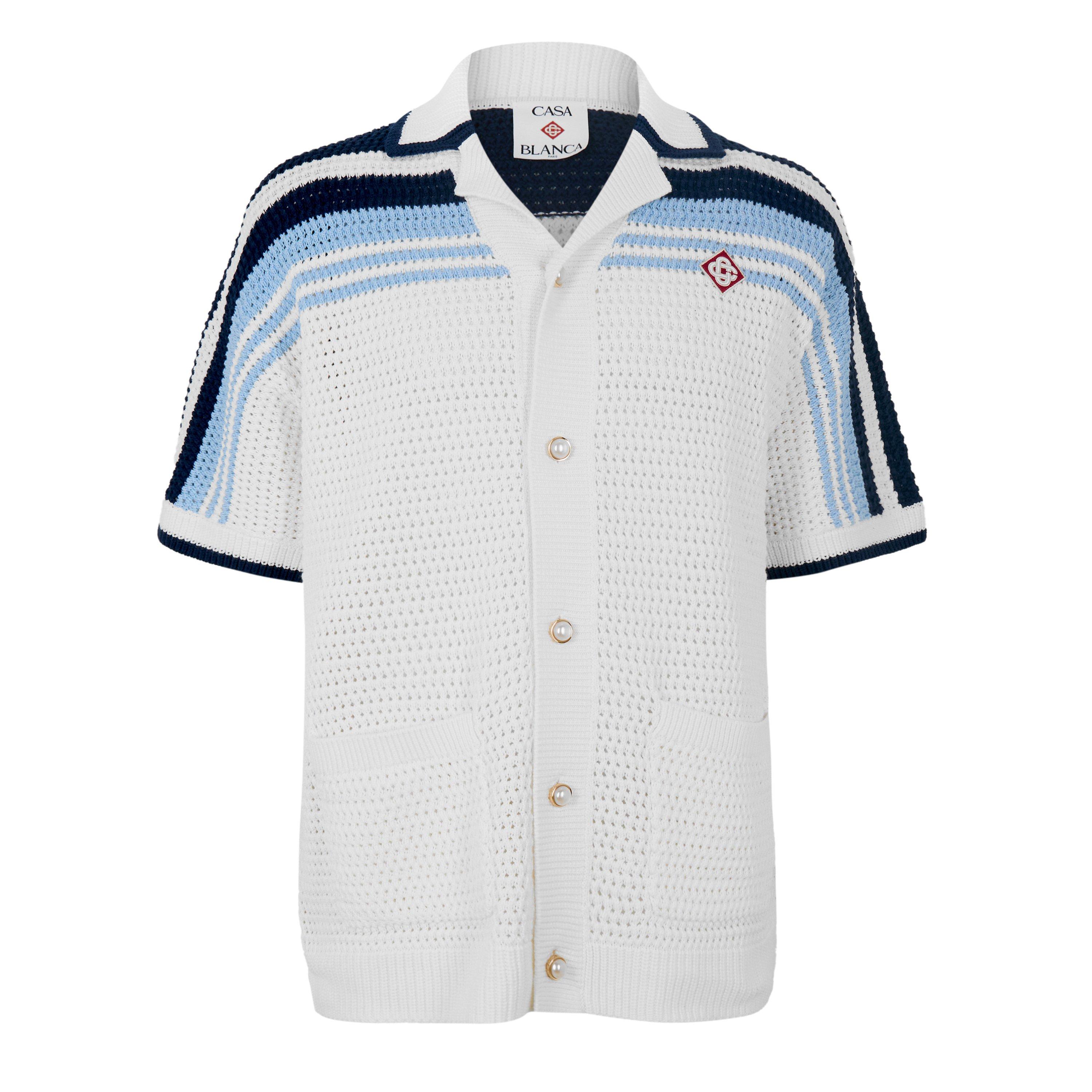 Casablanca Men's Crochet Short Sleeve Patterned Shirt - White/Blue - X Small