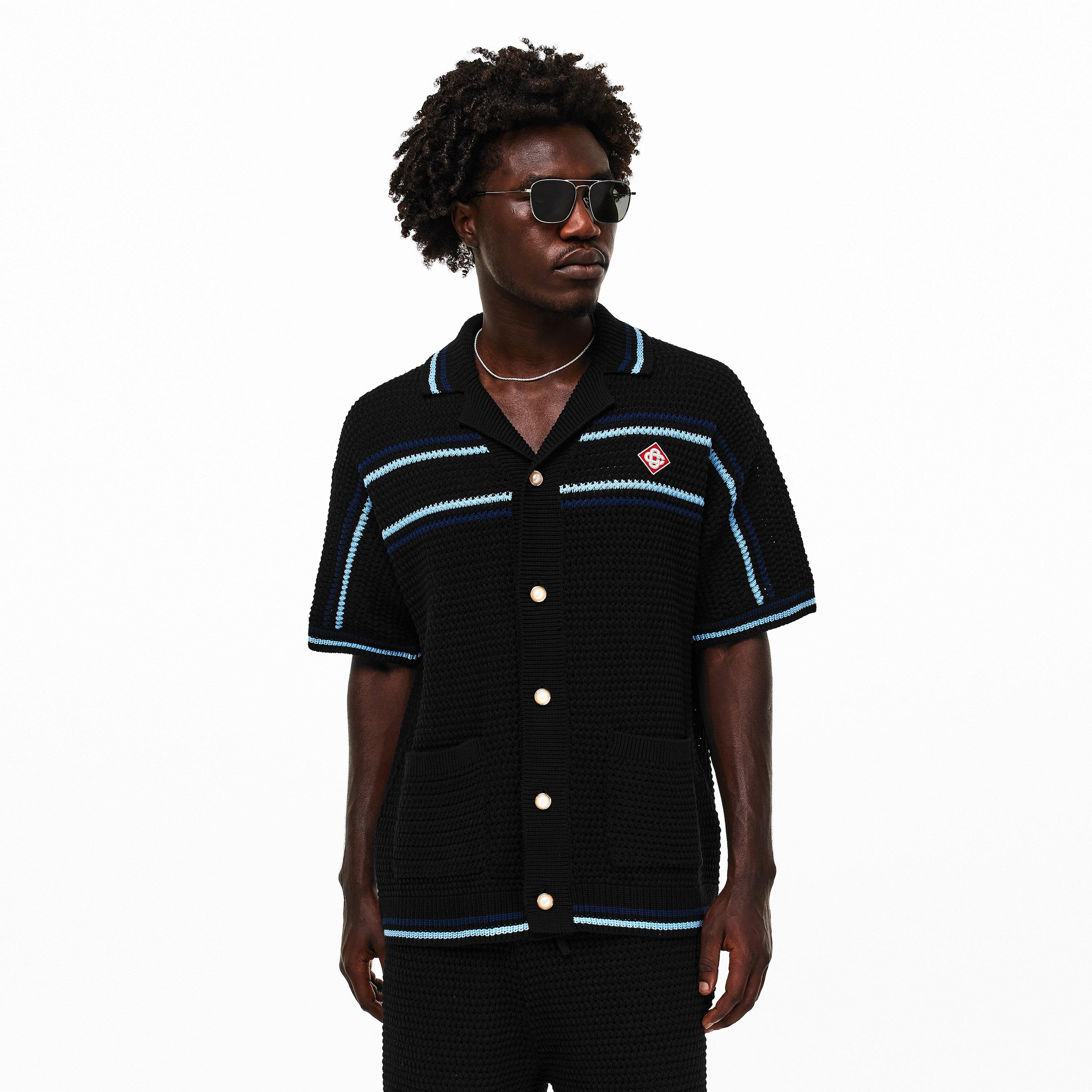 Black/Blue - Casablanca - Men's Crochet Short Sleeve Patterned Shirt - 3