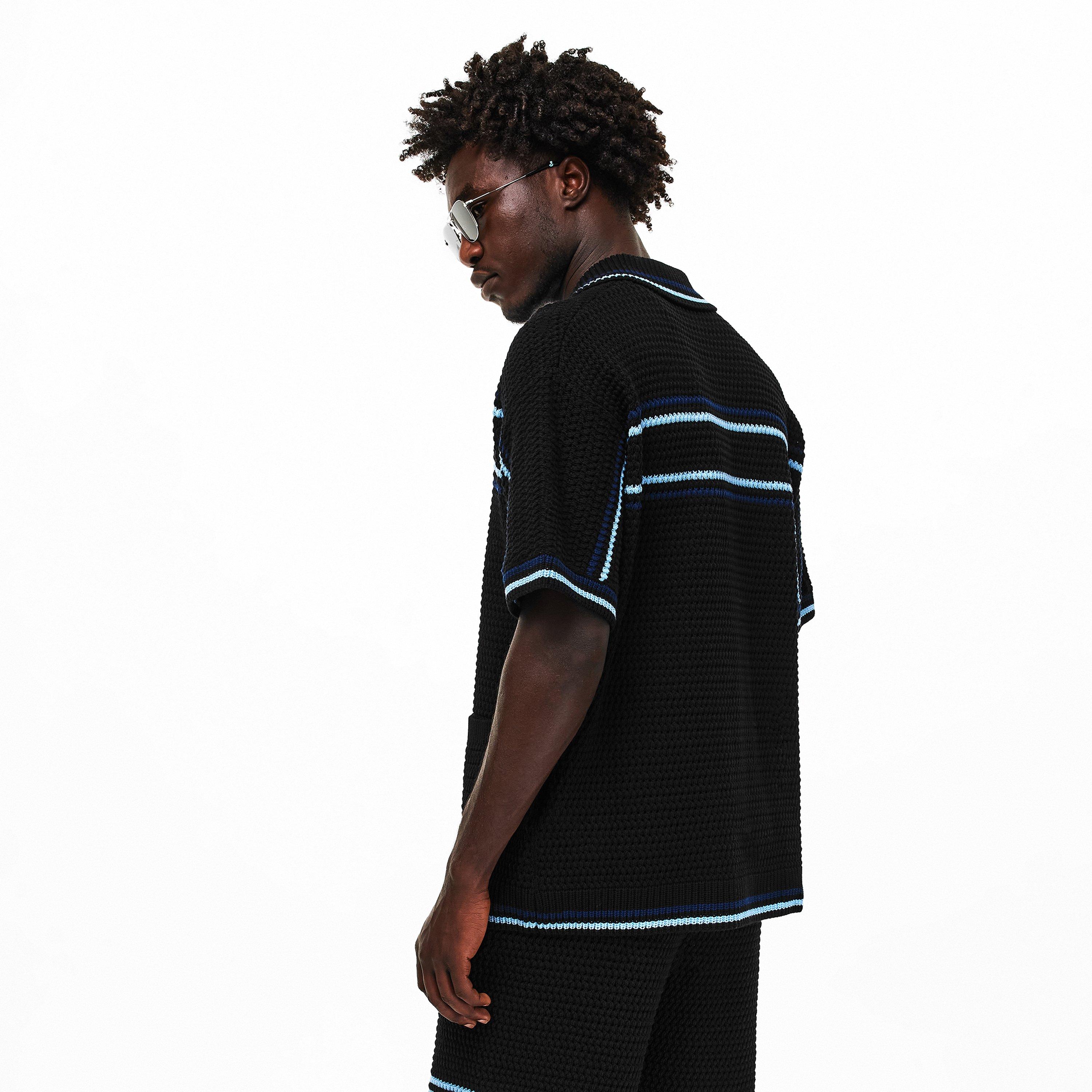 Black/Blue - Casablanca - Men's Crochet Short Sleeve Patterned Shirt - 4