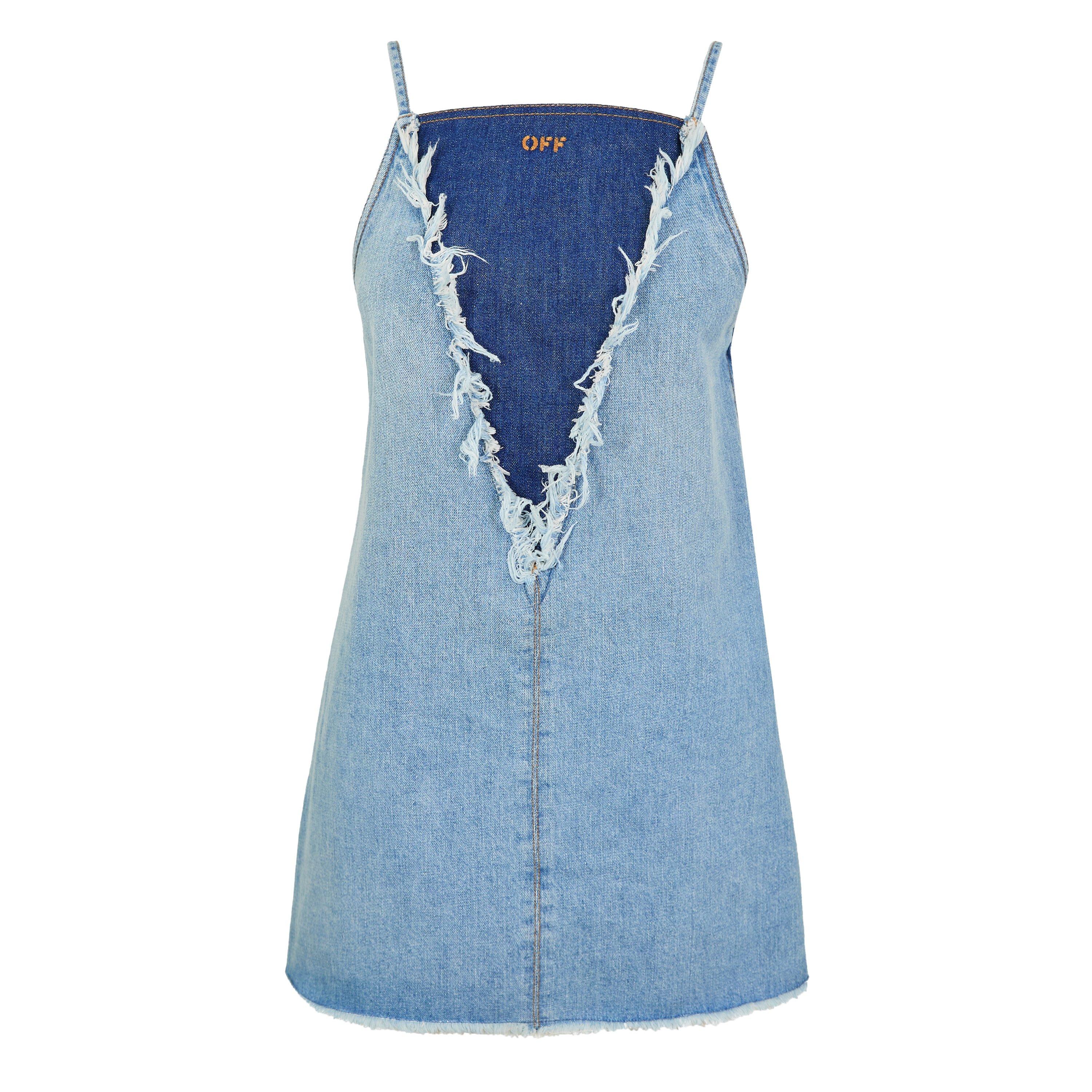 Blue - Off White - Women's Sleeveless Denim A Line Dress - 1