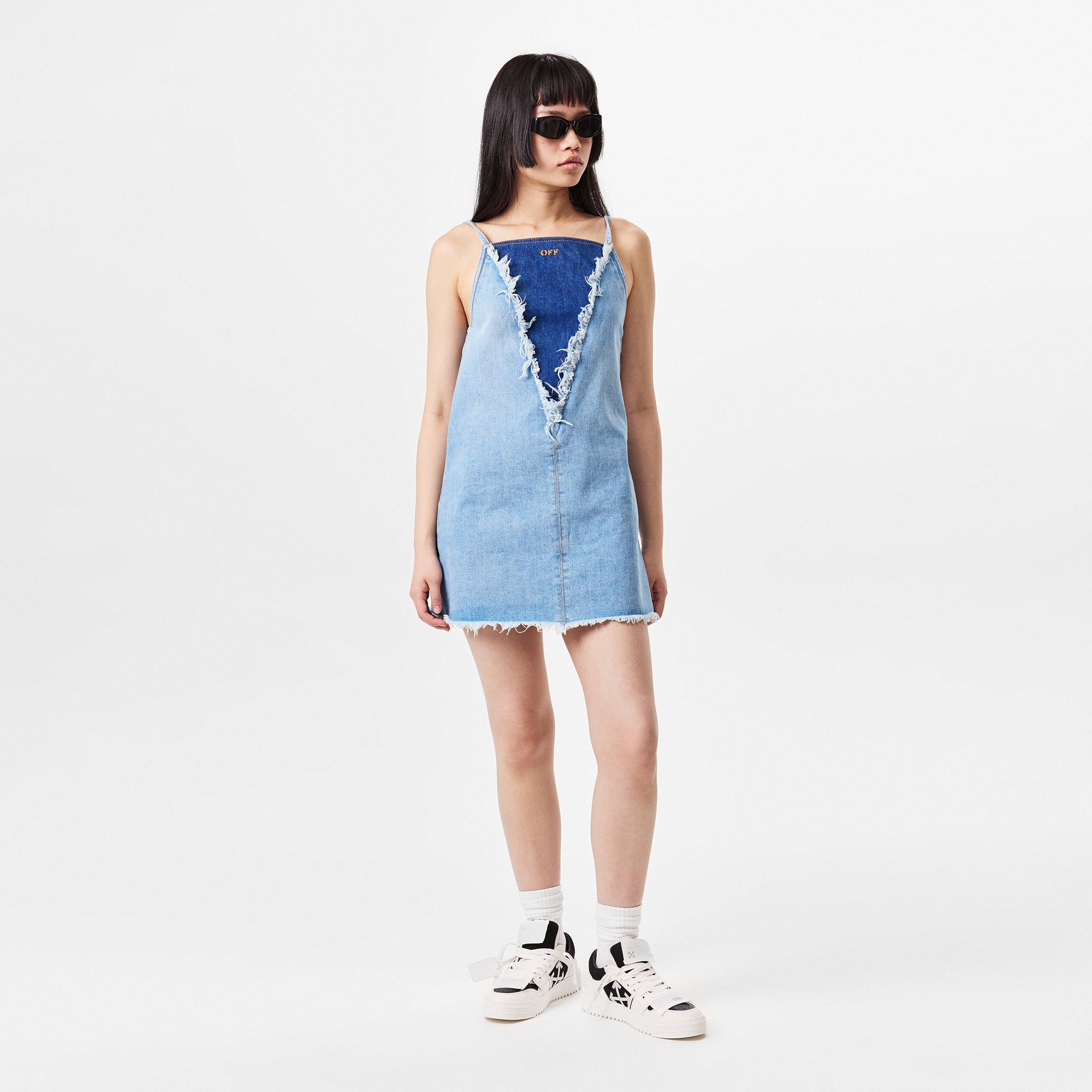 Blue - Off White - Women's A Line Denim Dress - 6