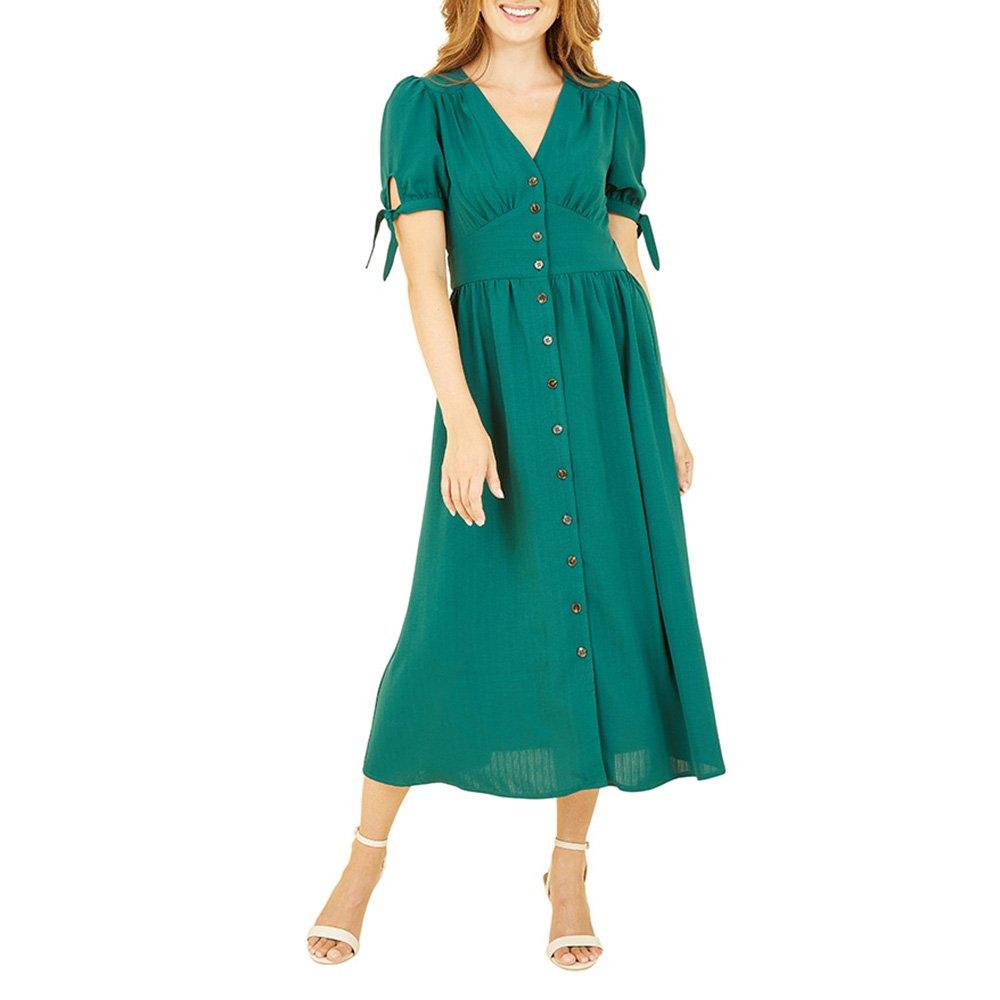Green - Yumi - Women's Green Midi Tie-Sleeve Shirt Dress - 2