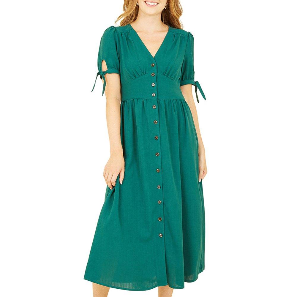 Green - Yumi - Women's Green Midi Tie-Sleeve Shirt Dress - 3