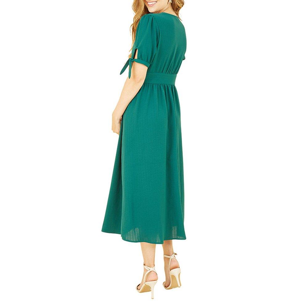 Green - Yumi - Women's Green Midi Tie-Sleeve Shirt Dress - 4