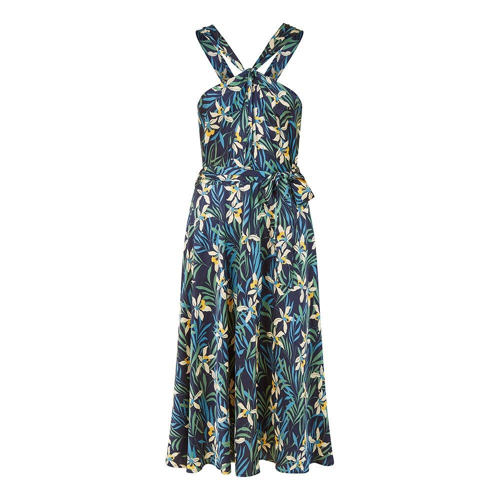 Navy - Yumi - Women's Navy Tropical Print Satin Swing Dress - 1